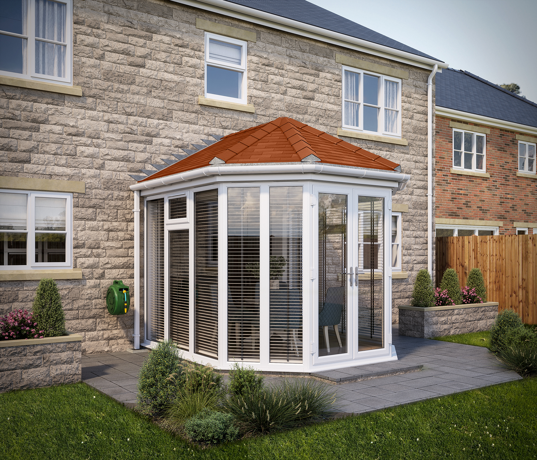 Image of SOLid Roof Full Height Victorian Conservatory White Frames with Rustic Terracotta Tiles - 10 x 10ft