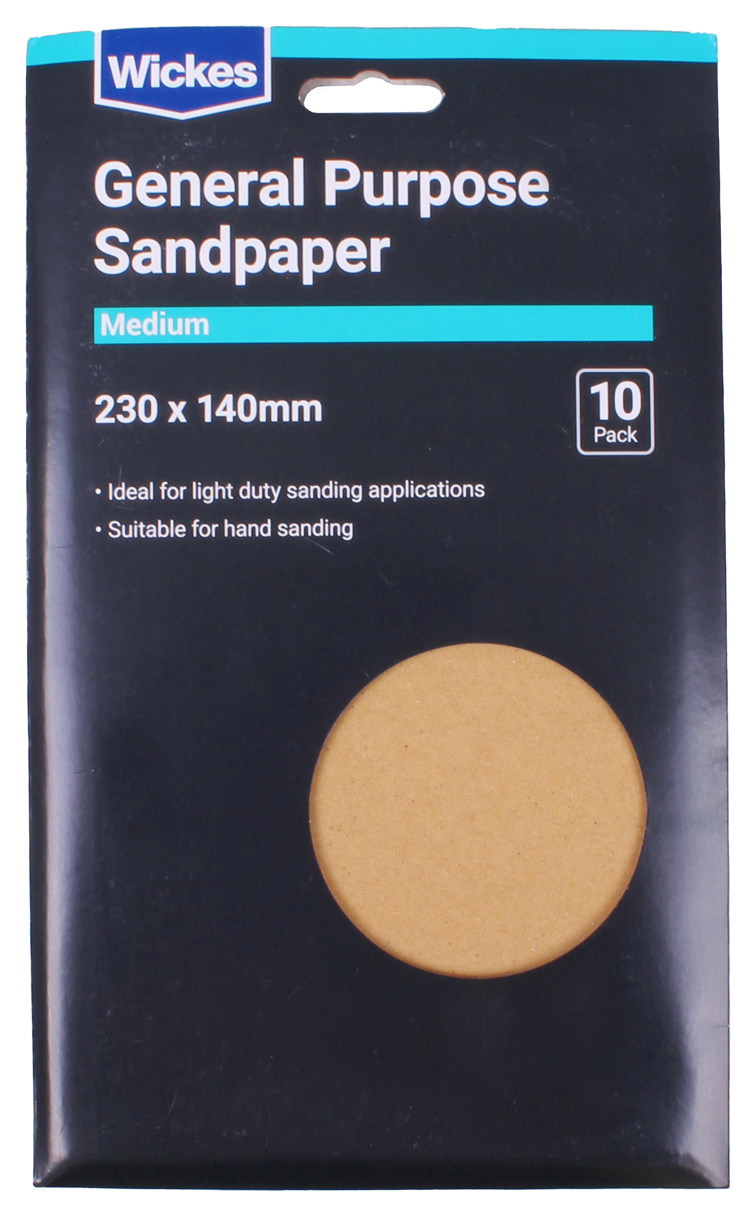 Wickes General Purpose Medium Sandpaper - Pack of 10 - 230 x 140mm