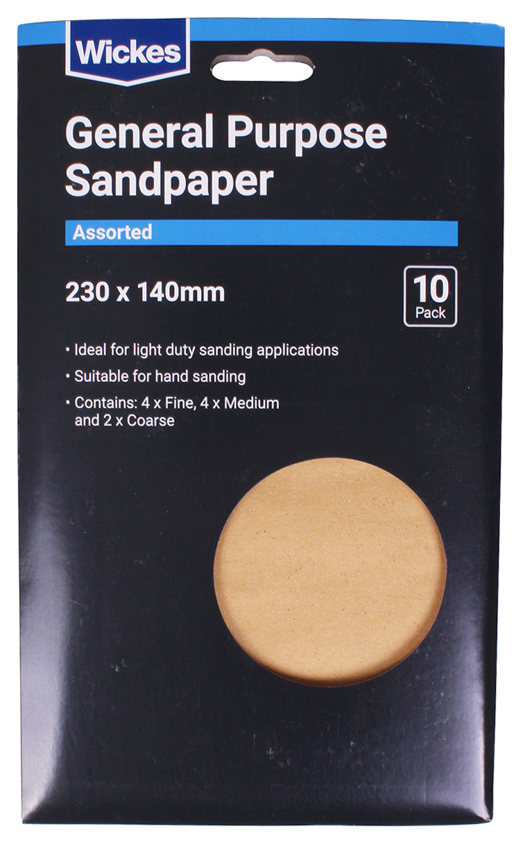 Wickes General Purpose Assorted Sandpaper - 230 x 140mm - Pack of 10