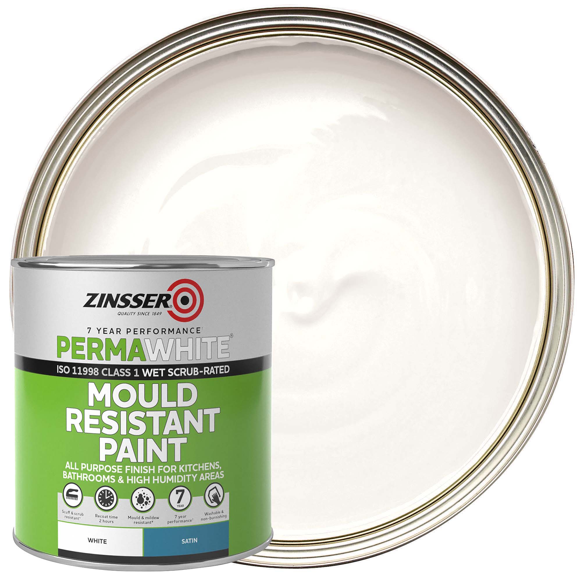 Zinsser PermaWhite Mould Resistant Interior Satin White Paint - 1L