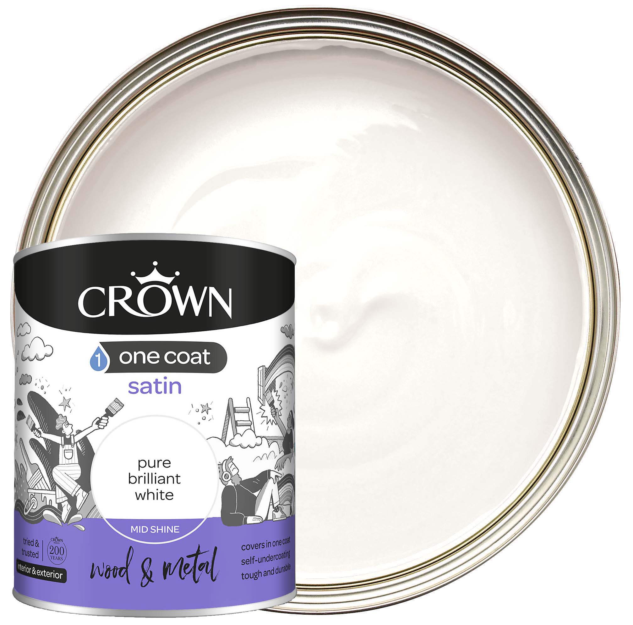 Crown One Coat Satin Paint - Pure Brilliant White - 750ml