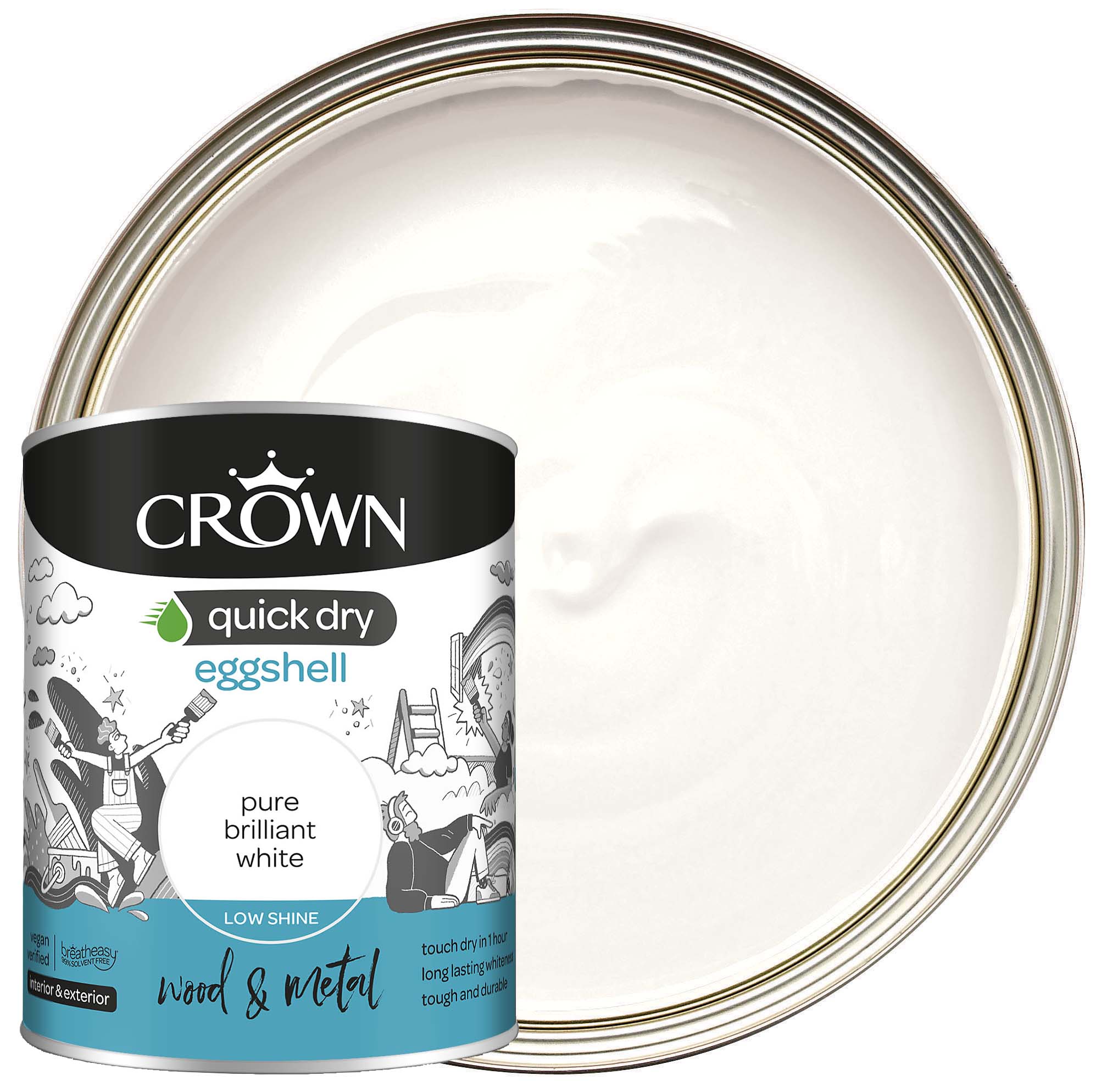Crown Quick Dry Eggshell Paint - Pure Brilliant White - 750ml