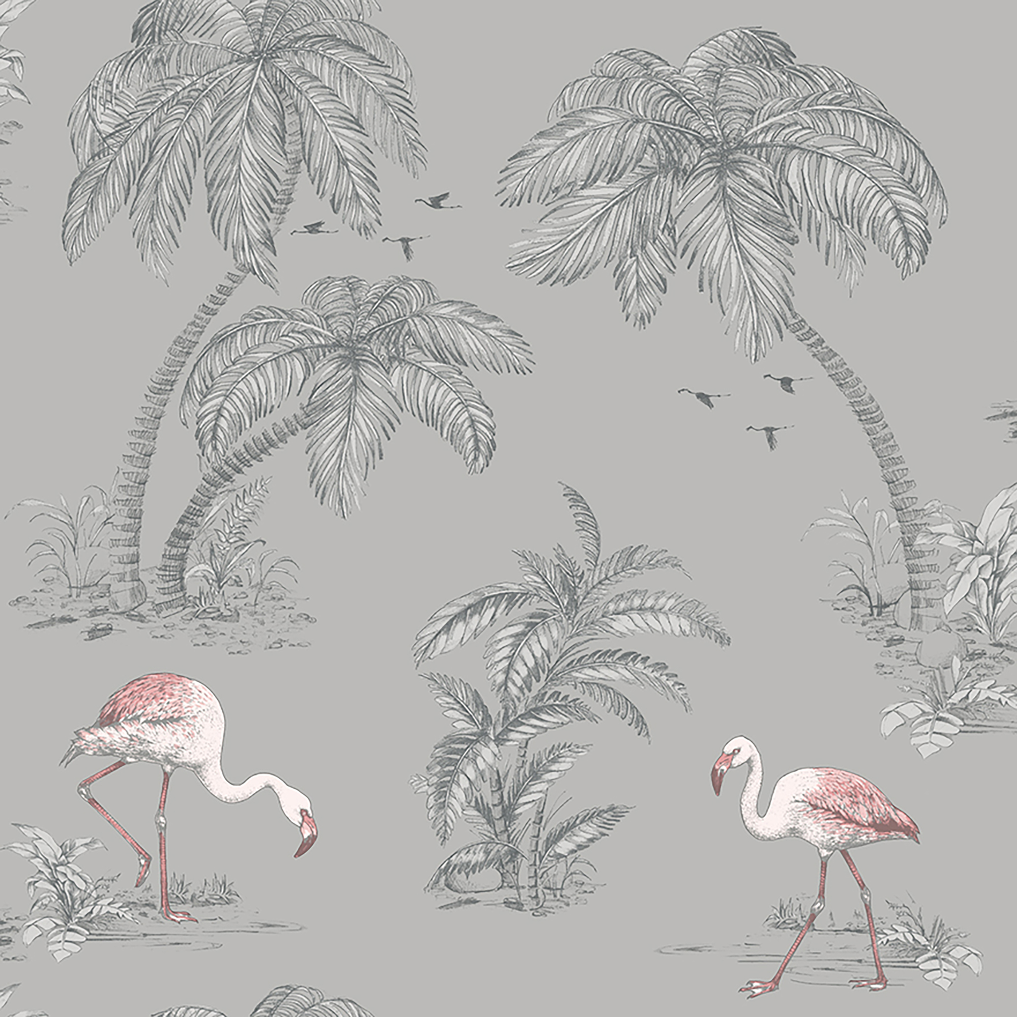 Image of Holden Decor Flamingo Lake Grey & Coral Wallpaper - 10.05m x 53cm
