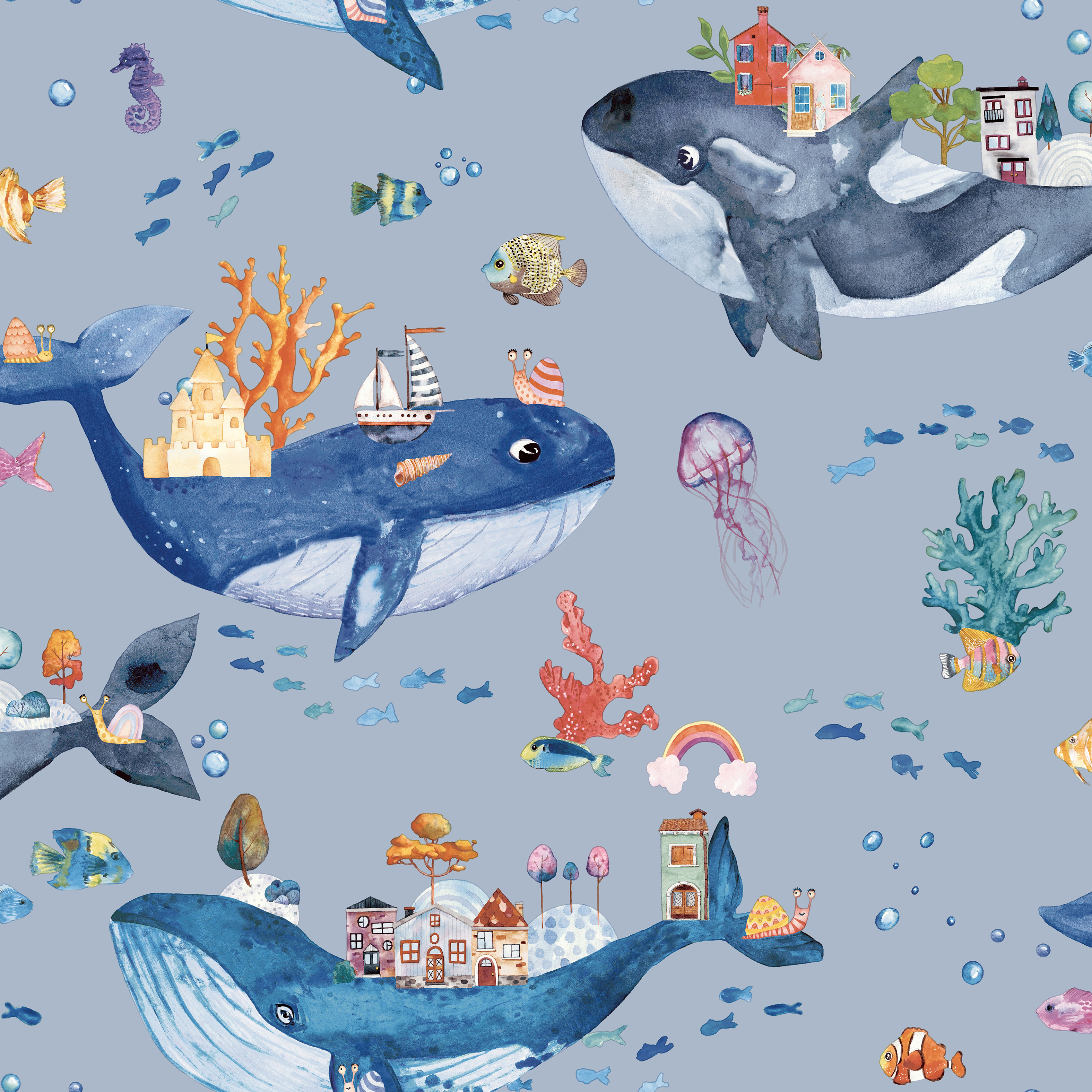 Holden Decor Whale Town Blue Wallpaper - 10.05m x 53cm