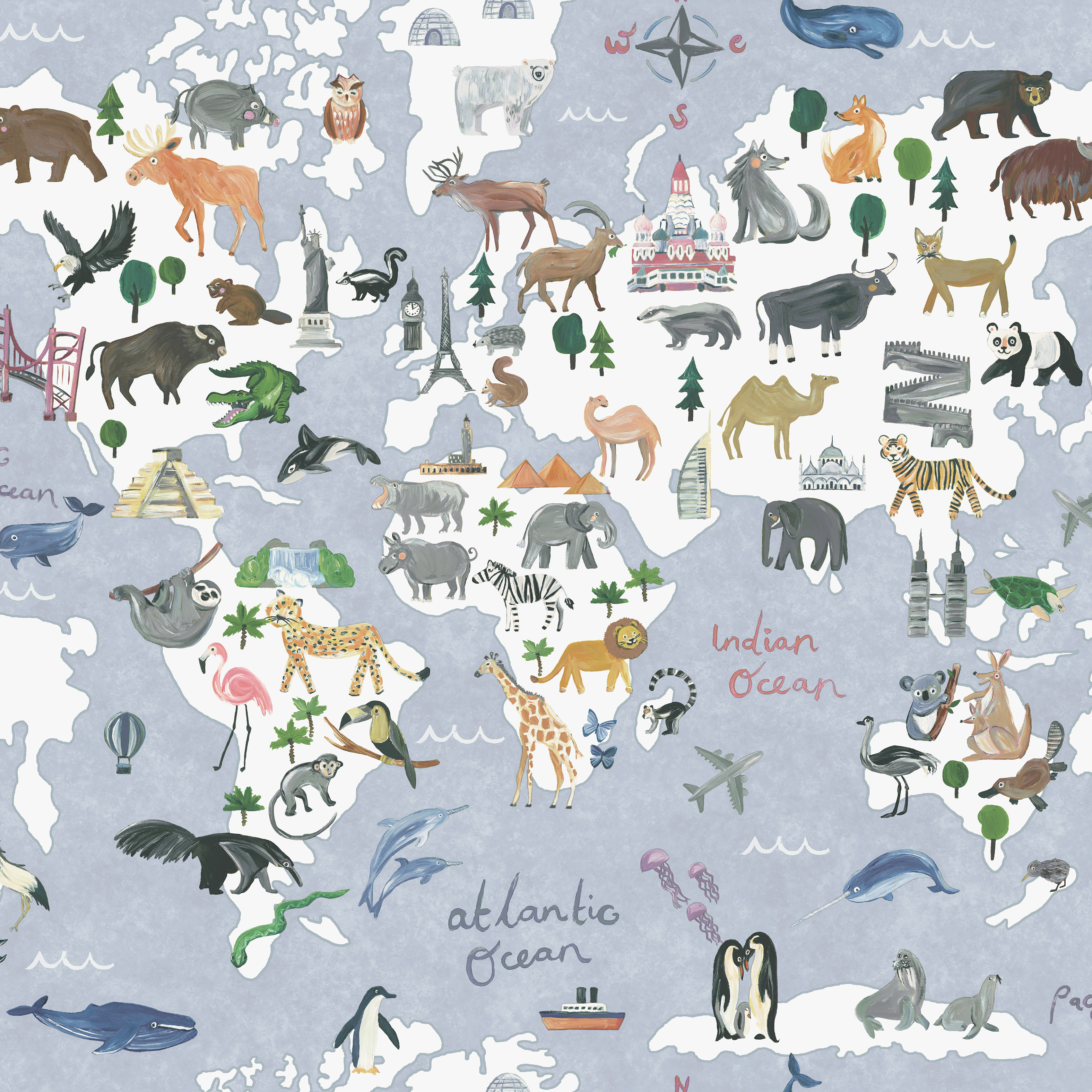 Image of Holden Decor Animal Maps Blue Wallpaper - 10.05m x 53cm