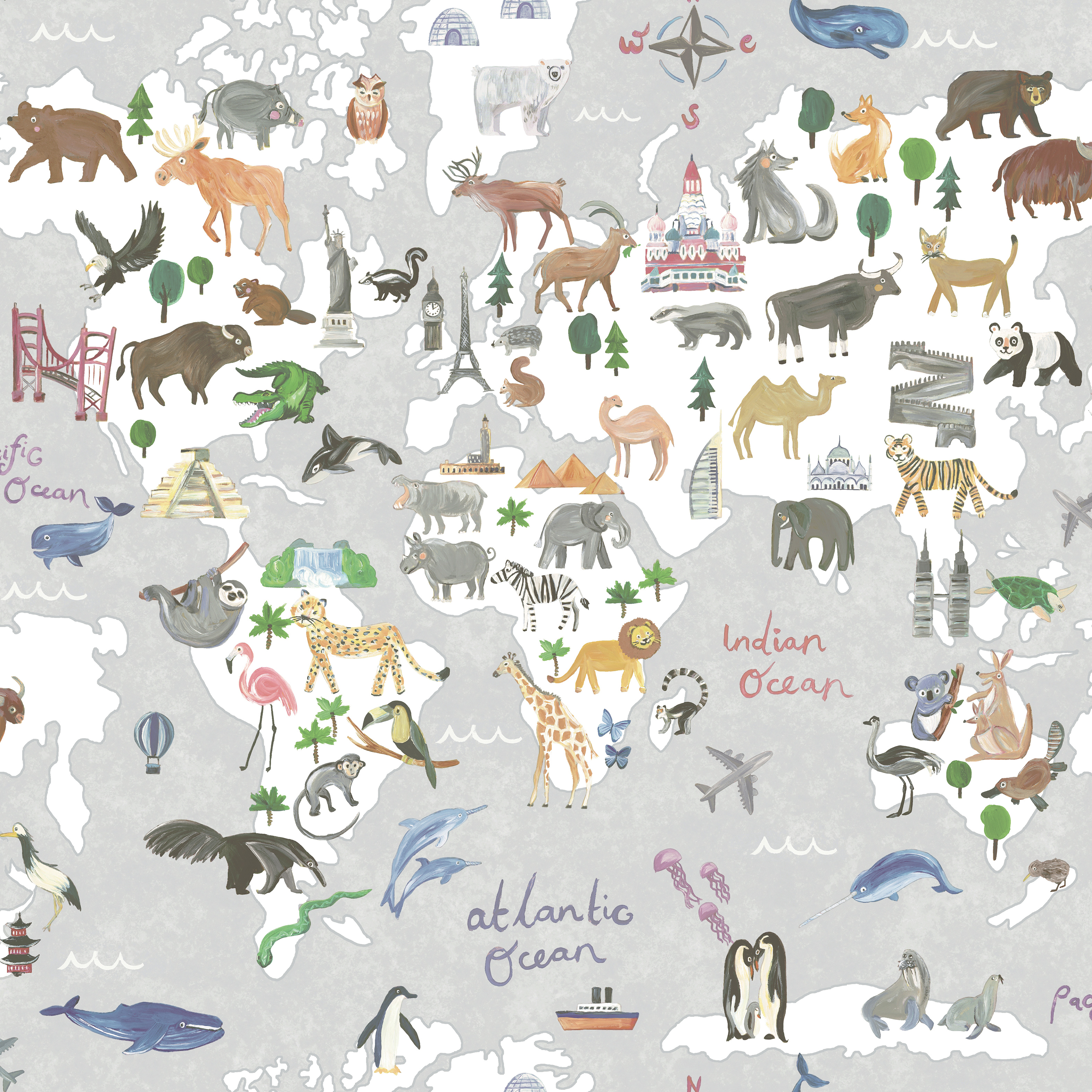 Holden Decor Animal Maps Grey Wallpaper - 10.05m x 53cm