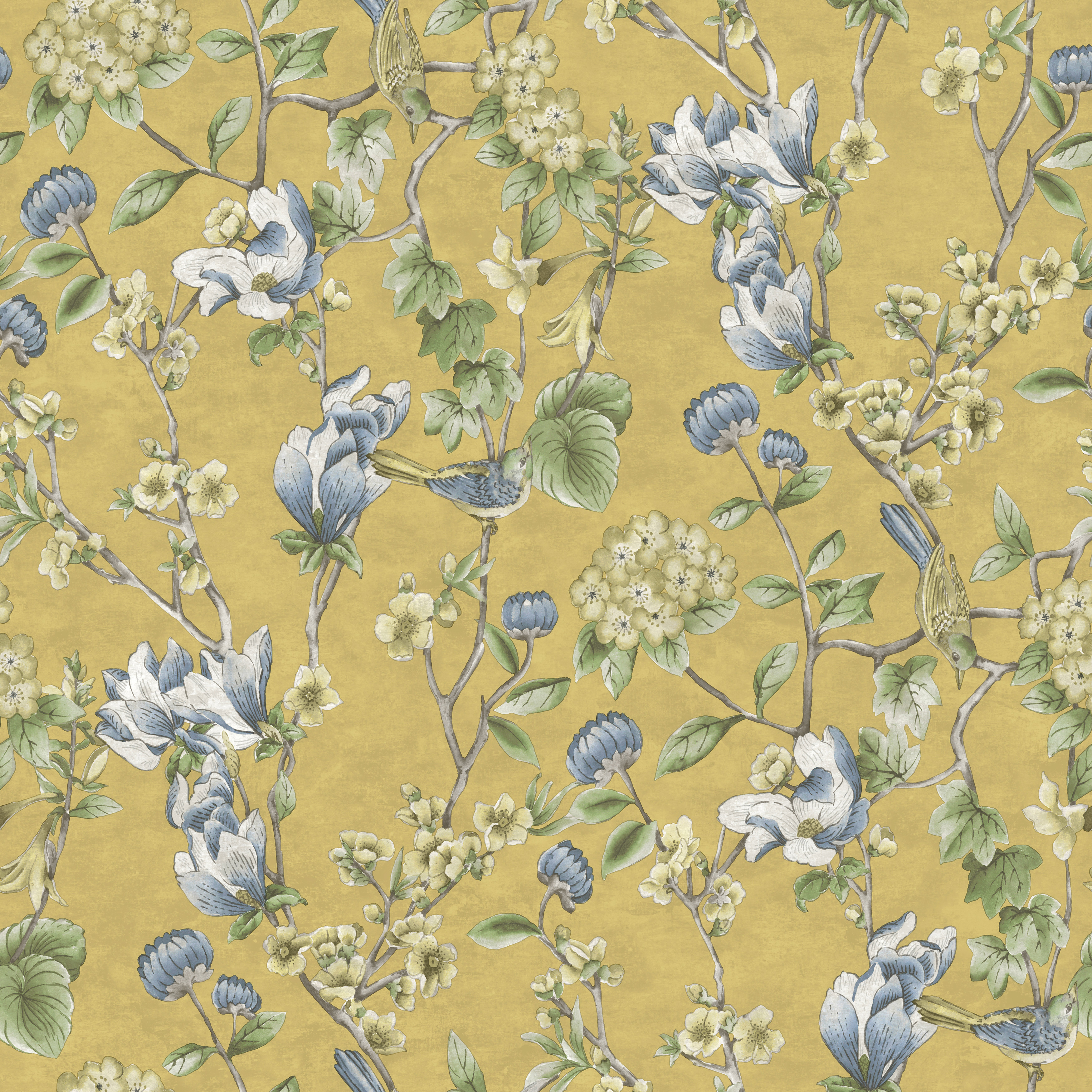 Image of Holden Decor Floral Bird Trail Ochre Wallpaper - 10.05m x 53cm