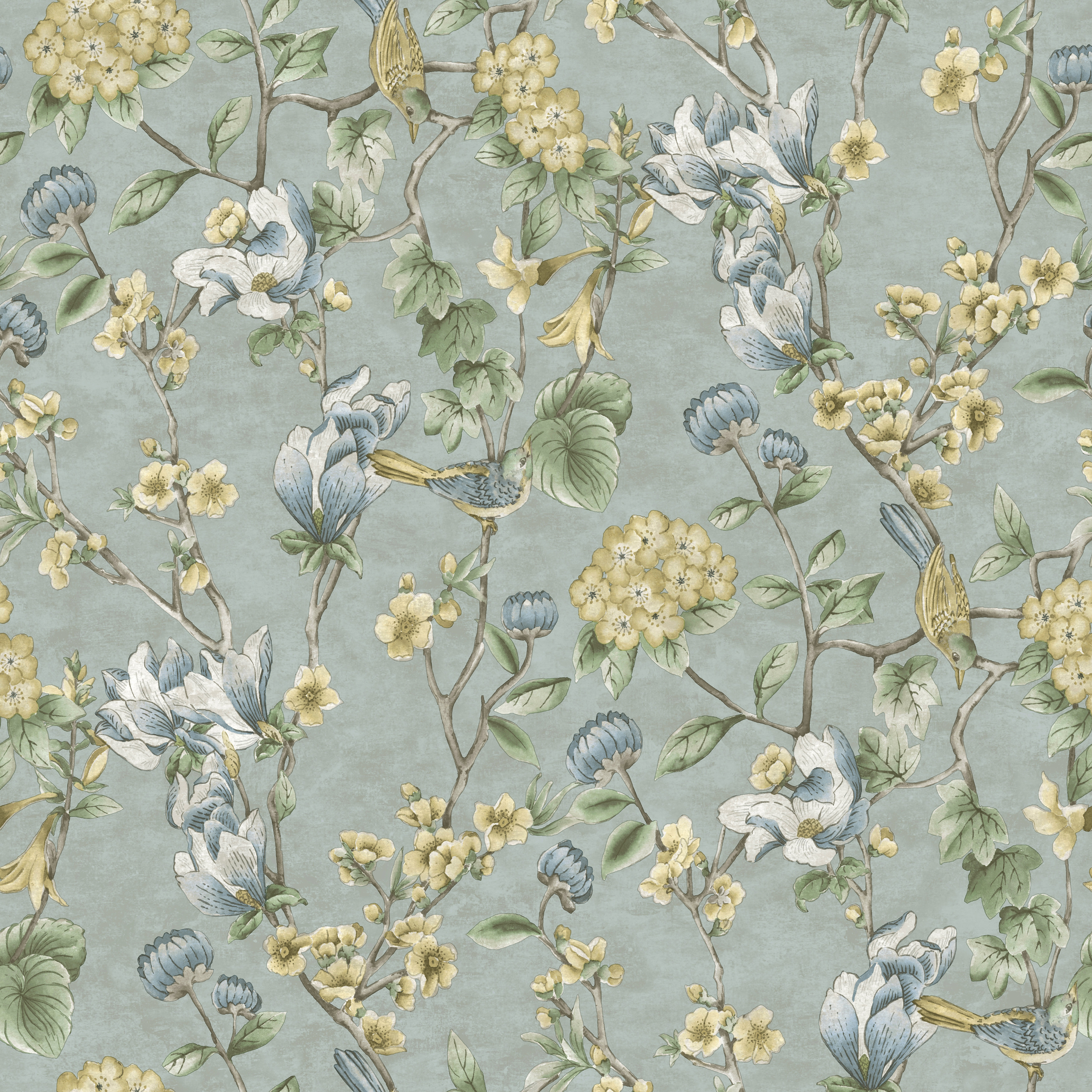 Image of Holden Decor Floral Bird Trail Blue Wallpaper - 10.05m x 53cm