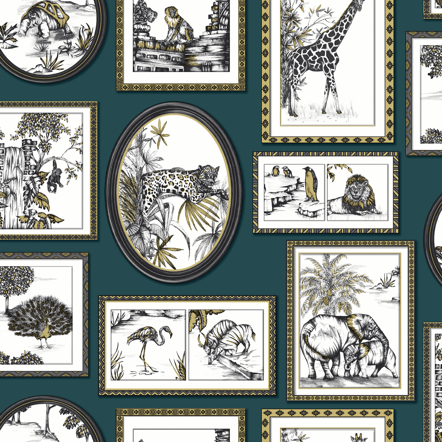 Image of Holden Decor Safari Frames Teal & Gold Wallpaper - 10.05m x 53cm
