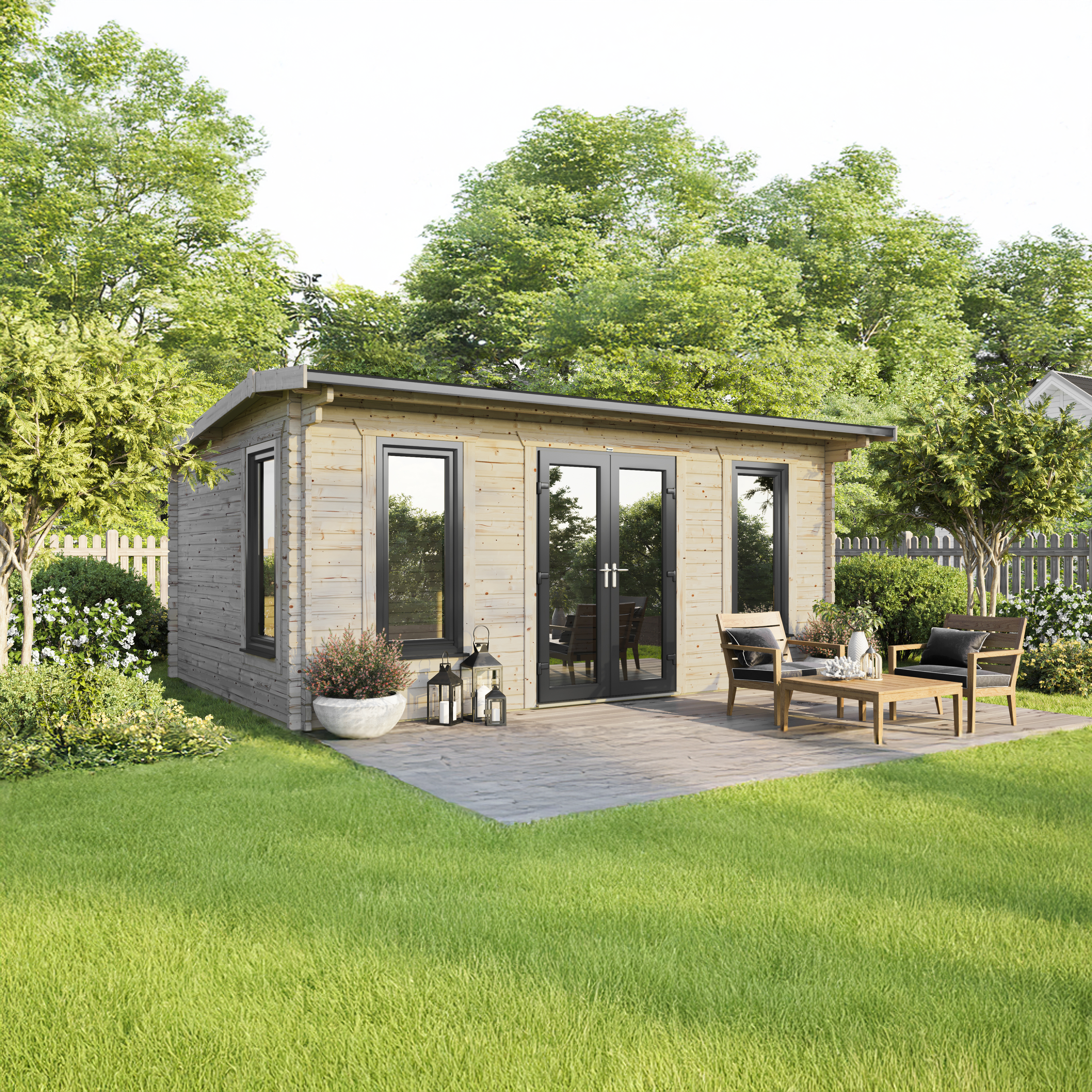 Powersheds 20 x 14ft Central Doors Apex 44mm Notched Logs Log Cabin