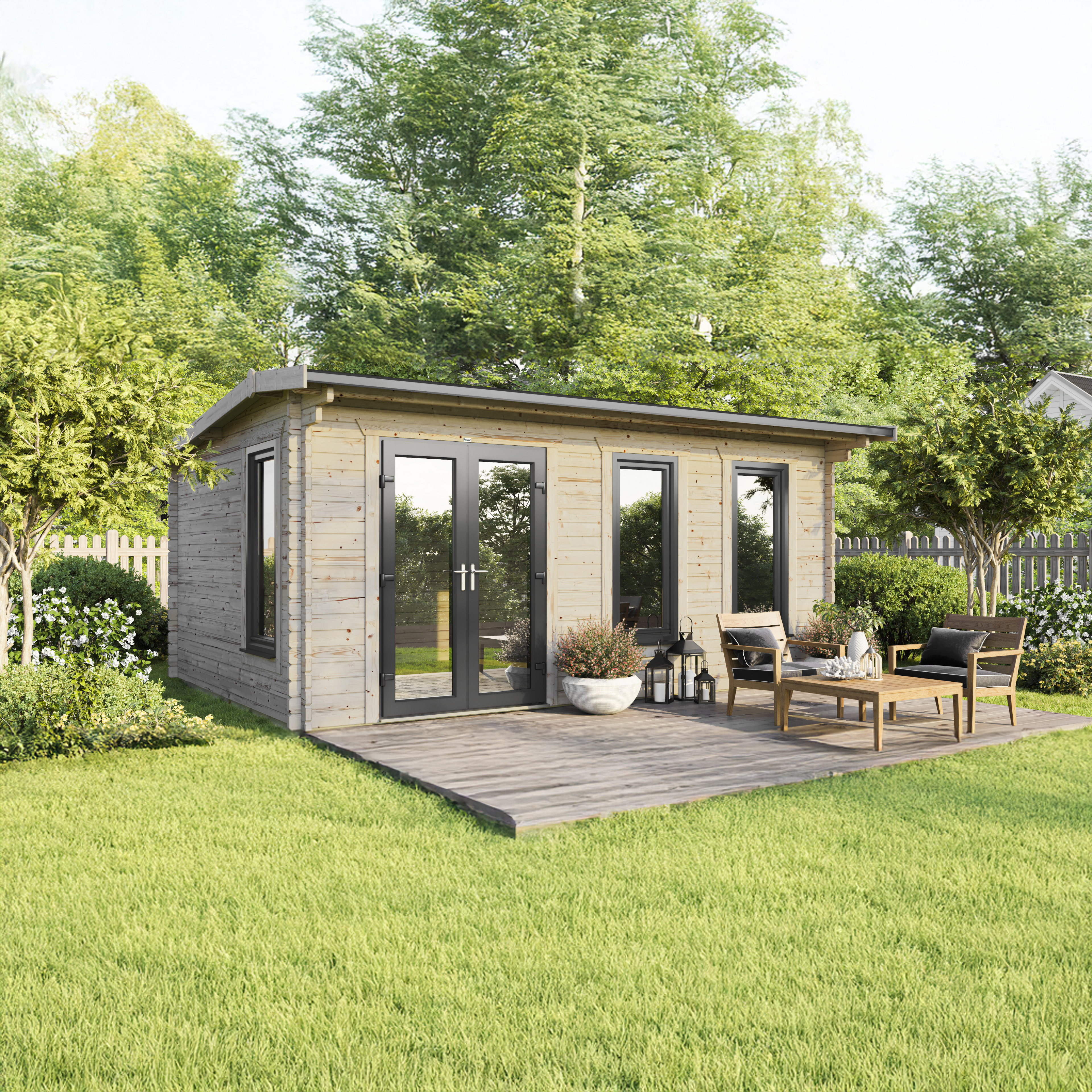 Powersheds 20 x 14ft Left Hand Door Apex 44mm Notched Logs Log Cabin