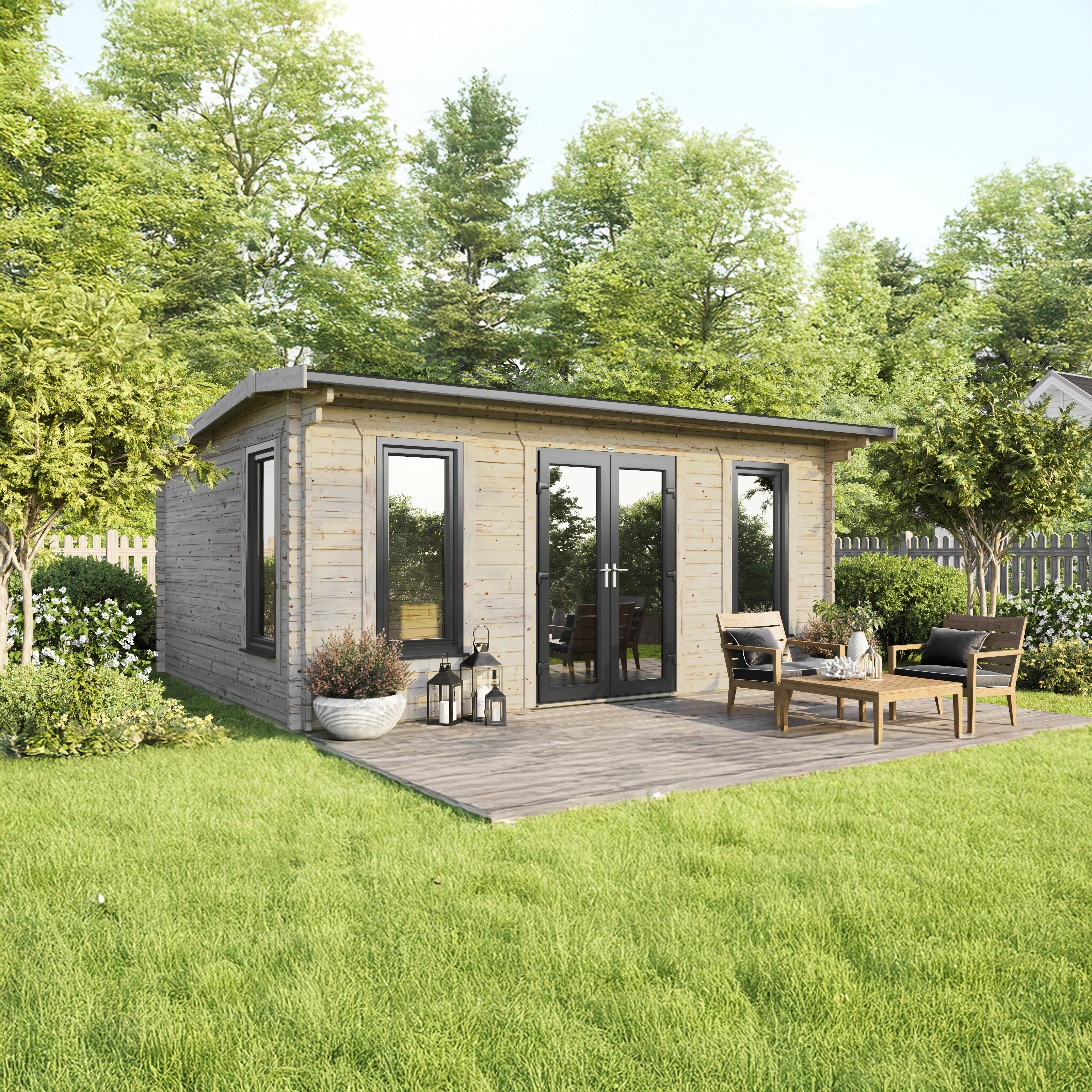 Powersheds 20 x 16ft Central Doors Apex 44mm Notched Logs Log Cabin