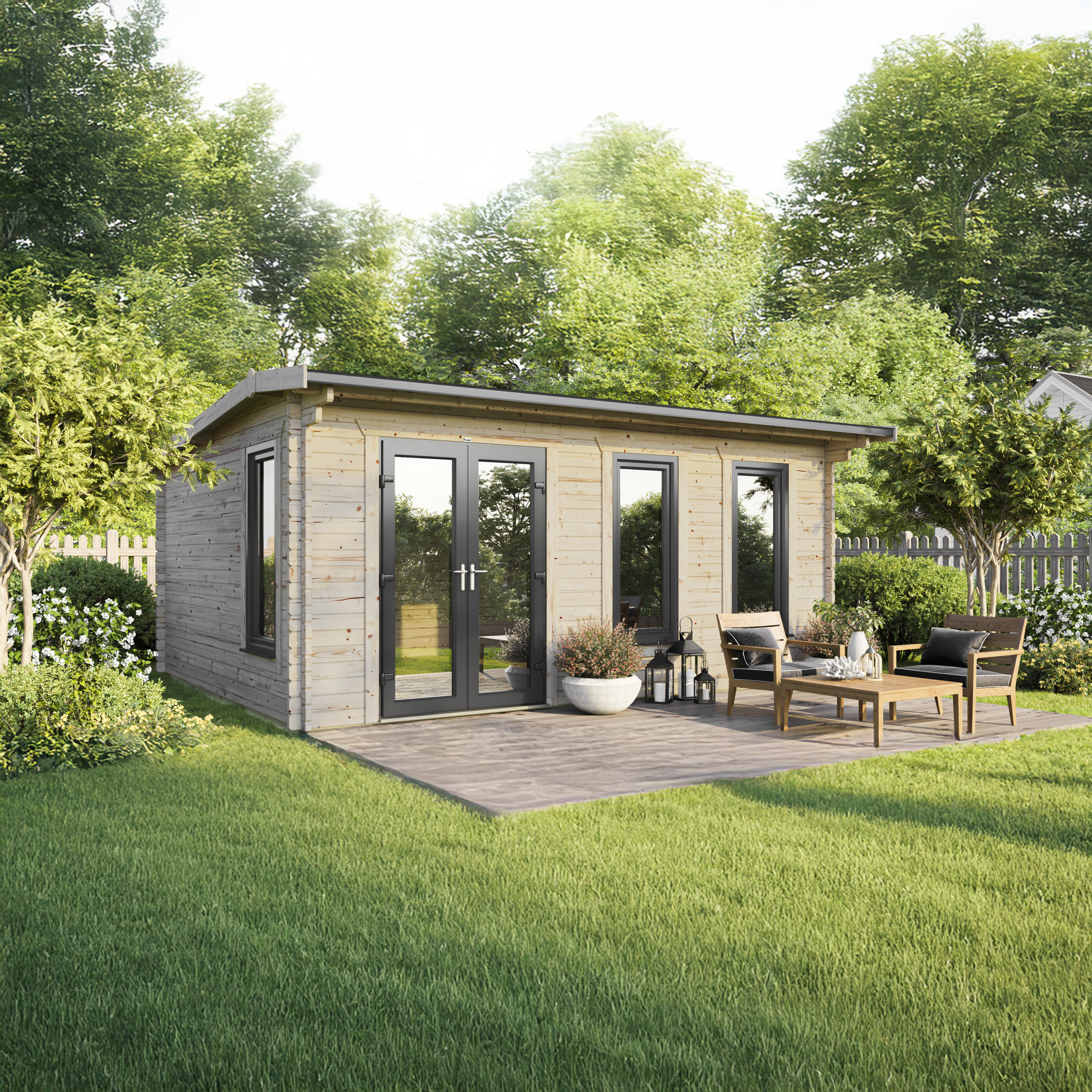 Powersheds 20 x 16ft Left Hand Door Apex 44mm Notched Logs Log Cabin