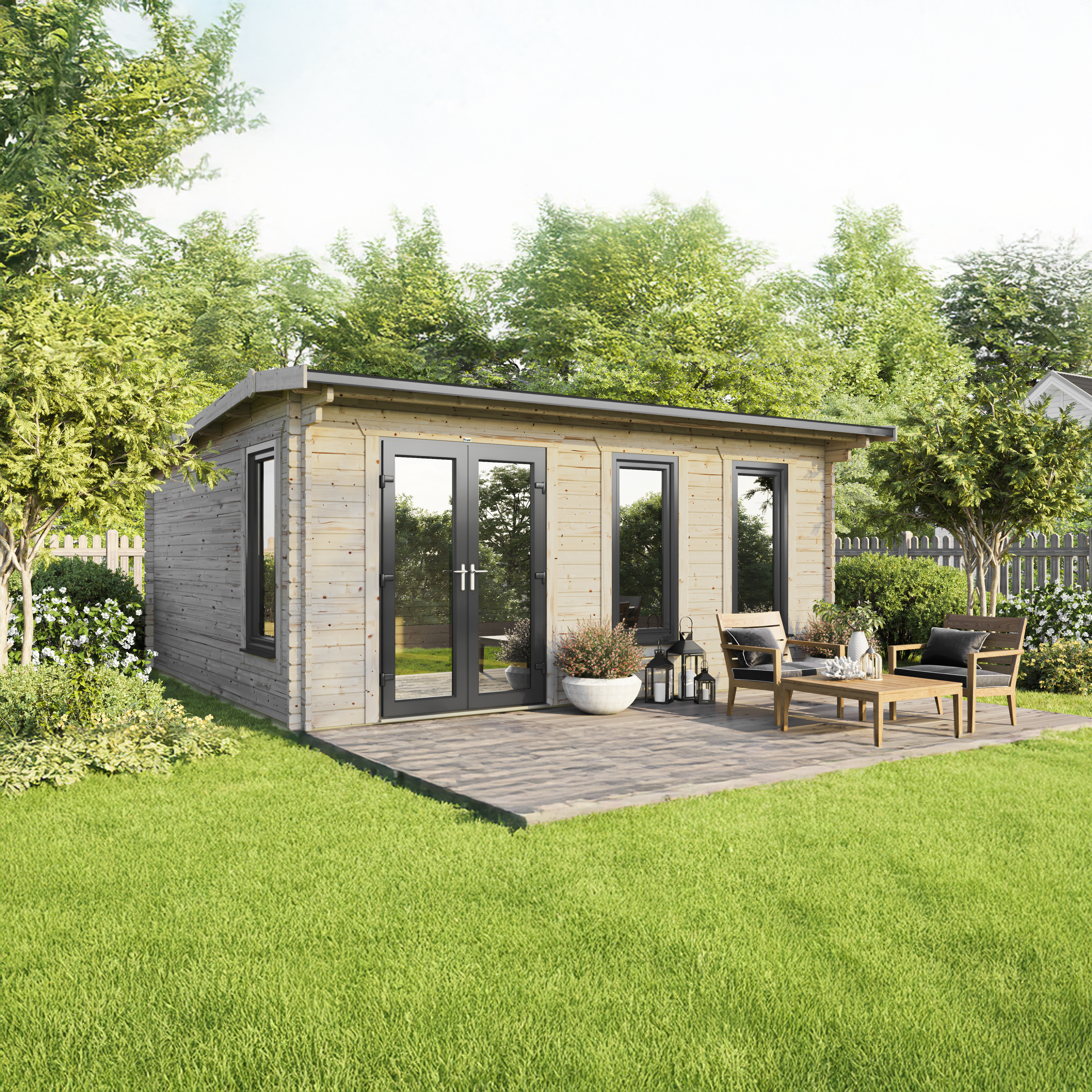 Powersheds 20 x 18ft Left Hand Door Apex 44mm Notched Logs Log Cabin