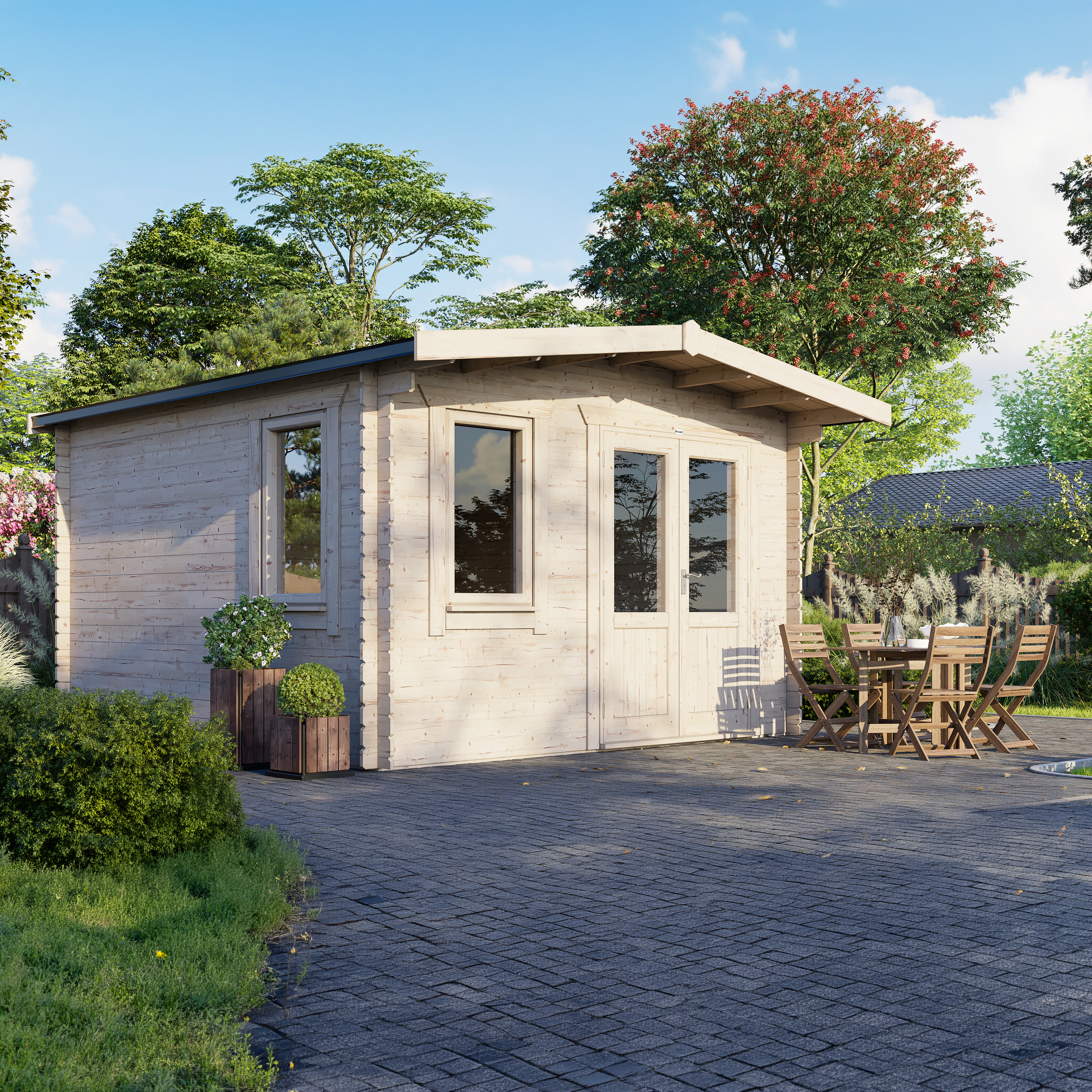 Powersheds 14 x 14ft Right Hand Door Chalet 28mm Notched Logs Log Cabin