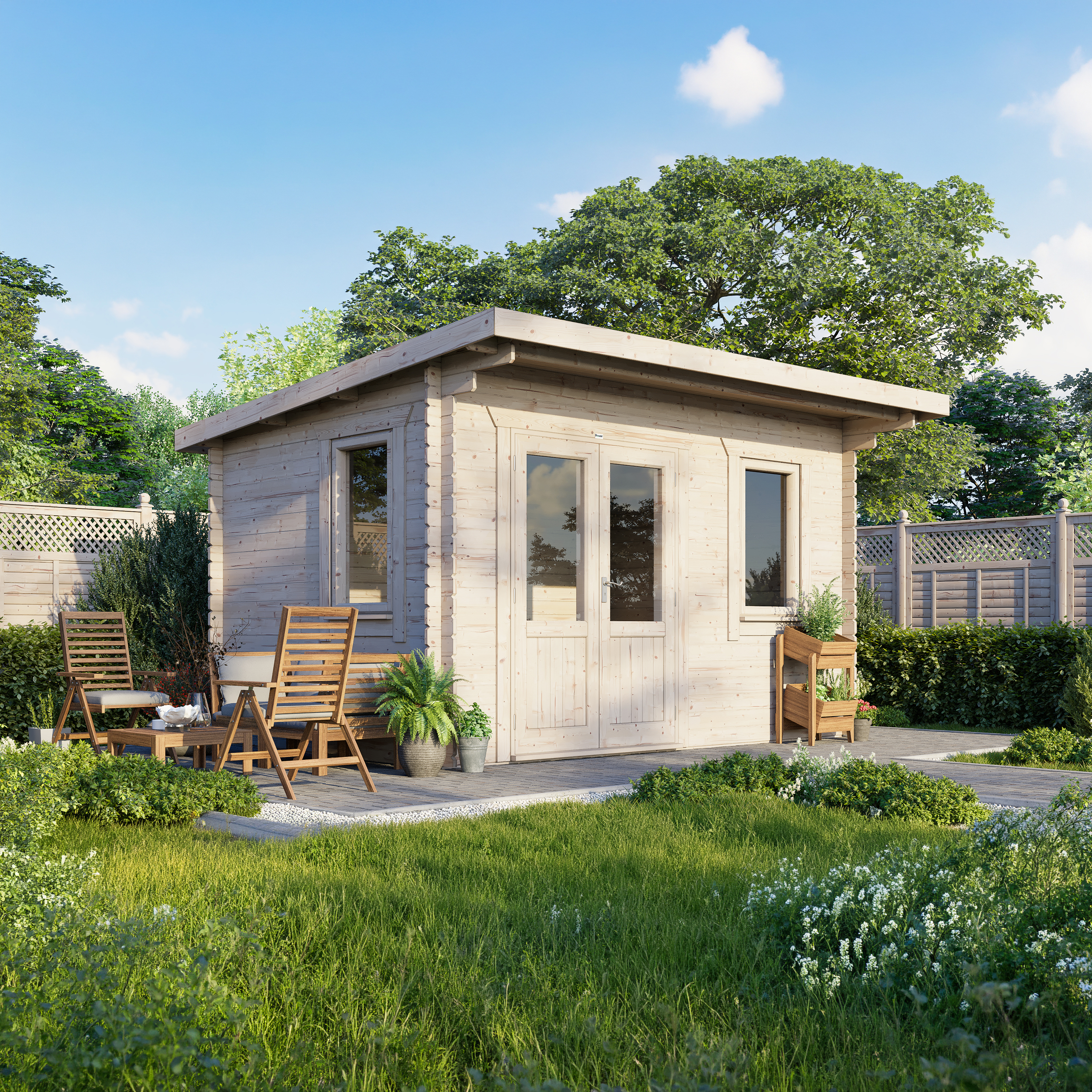 Powersheds 14 X 10ft Left Hand Door Pent 28mm Notched Logs Log Cabin