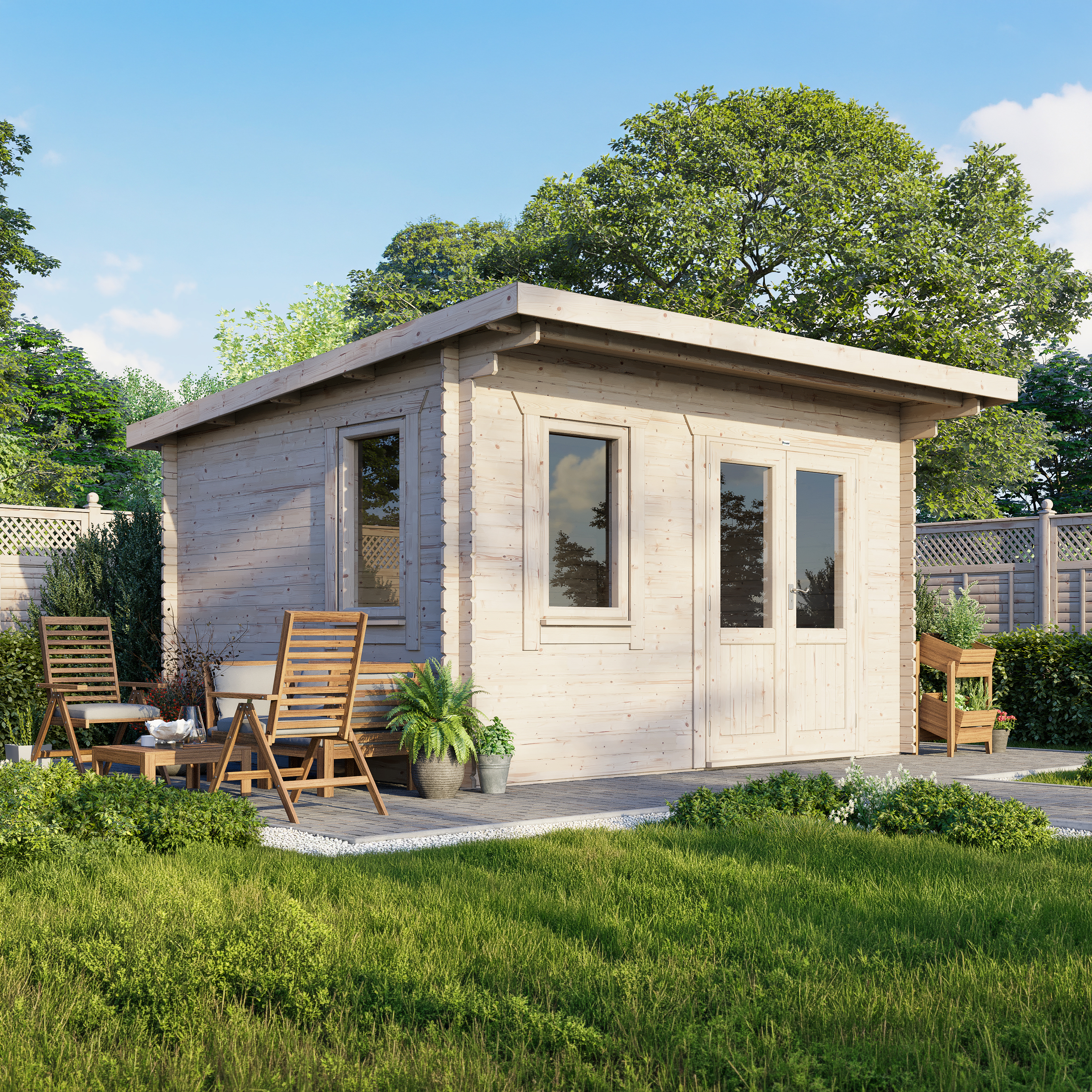 Powersheds 14 x 12ft Right Hand Door Pent 28mm Notched Logs Log Cabin