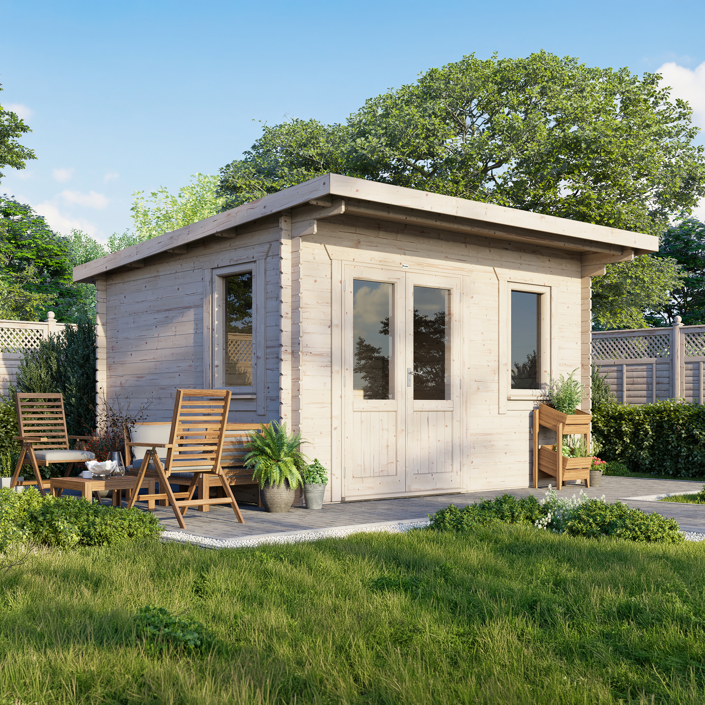 Powersheds 14 X 12ft Left Hand Door Pent 28mm Notched Logs Log Cabin