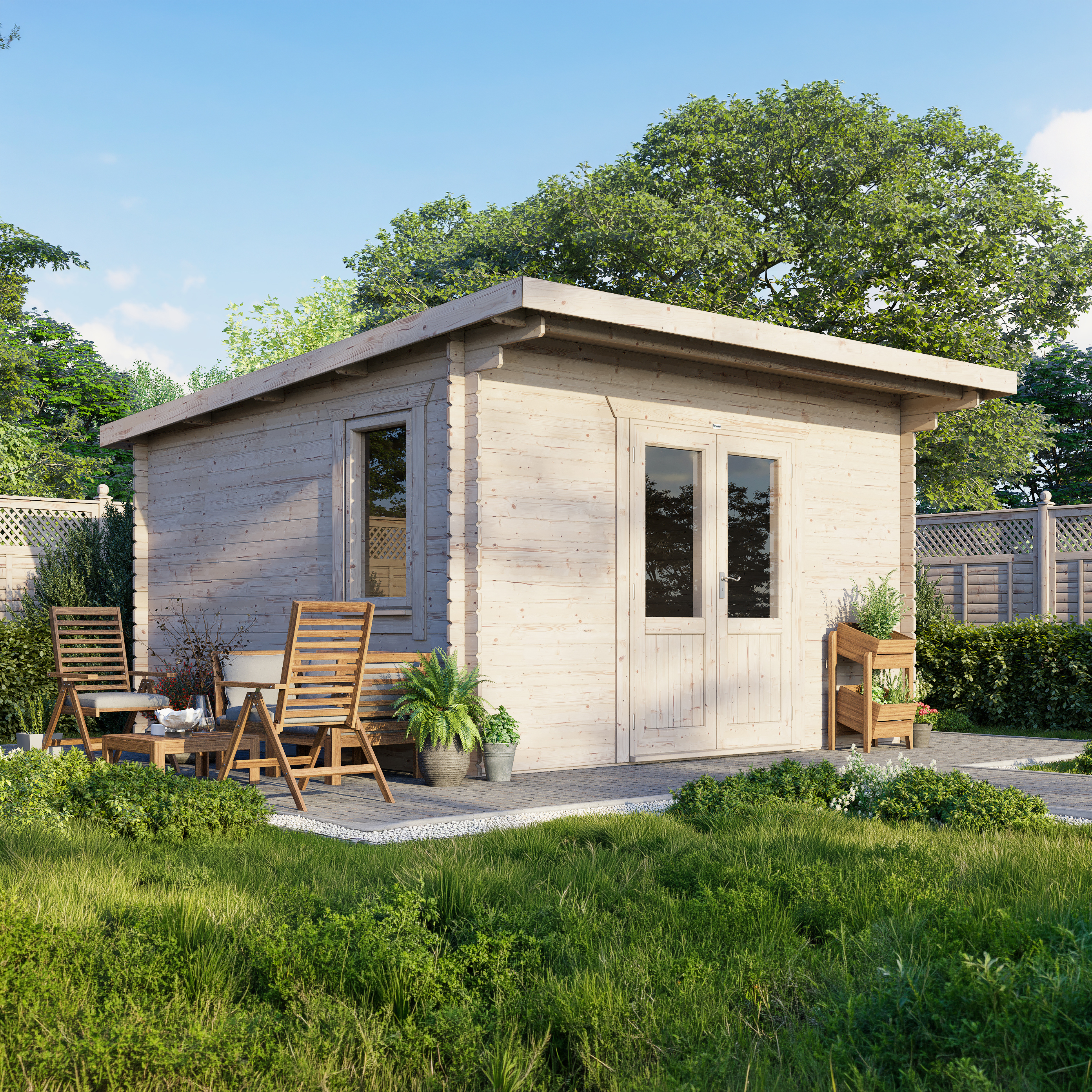 Power Sheds 14 x 14ft Pent 28mm Notched Logs Log Cabin