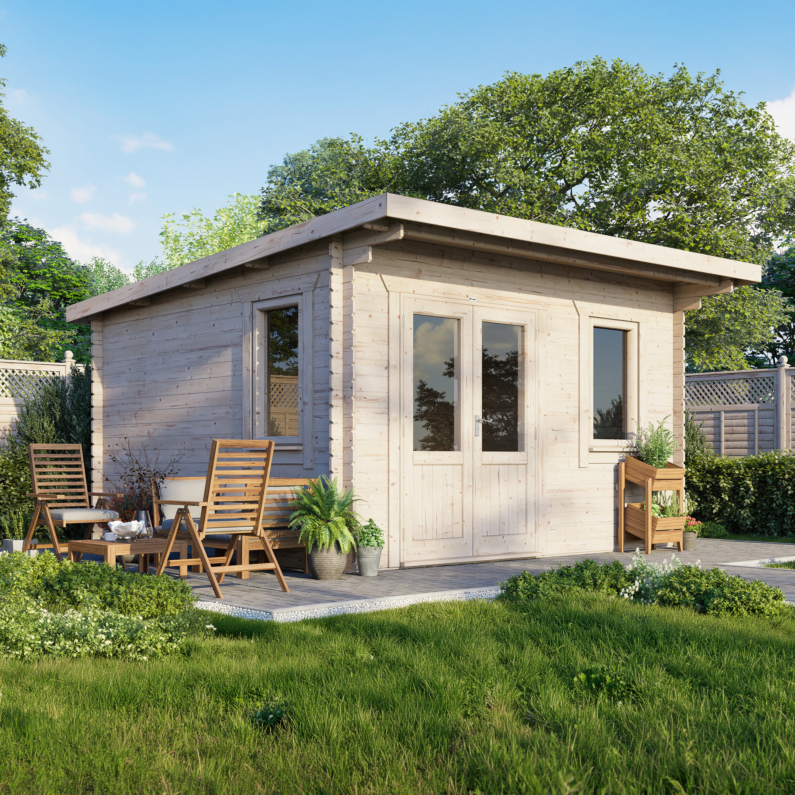 Powersheds 14 X 14ft Left Hand Door Pent 28mm Notched Logs Log Cabin