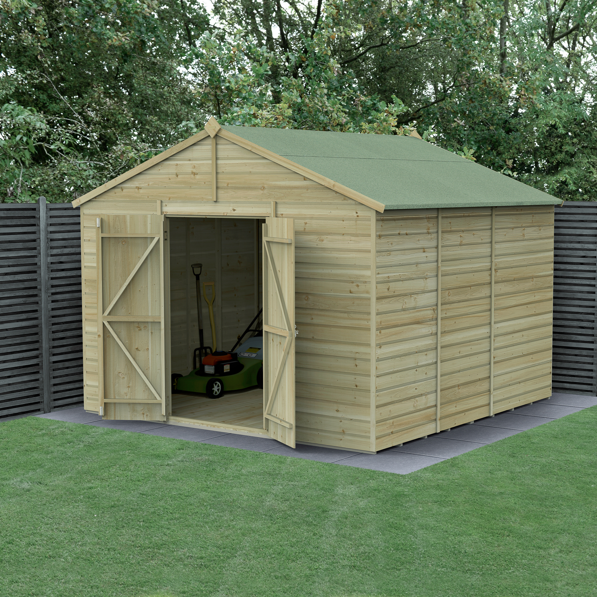 Forest Garden Beckwood 10 x 10ft Apex Shiplap Pressure Treated Double Door Windowless Shed with Base