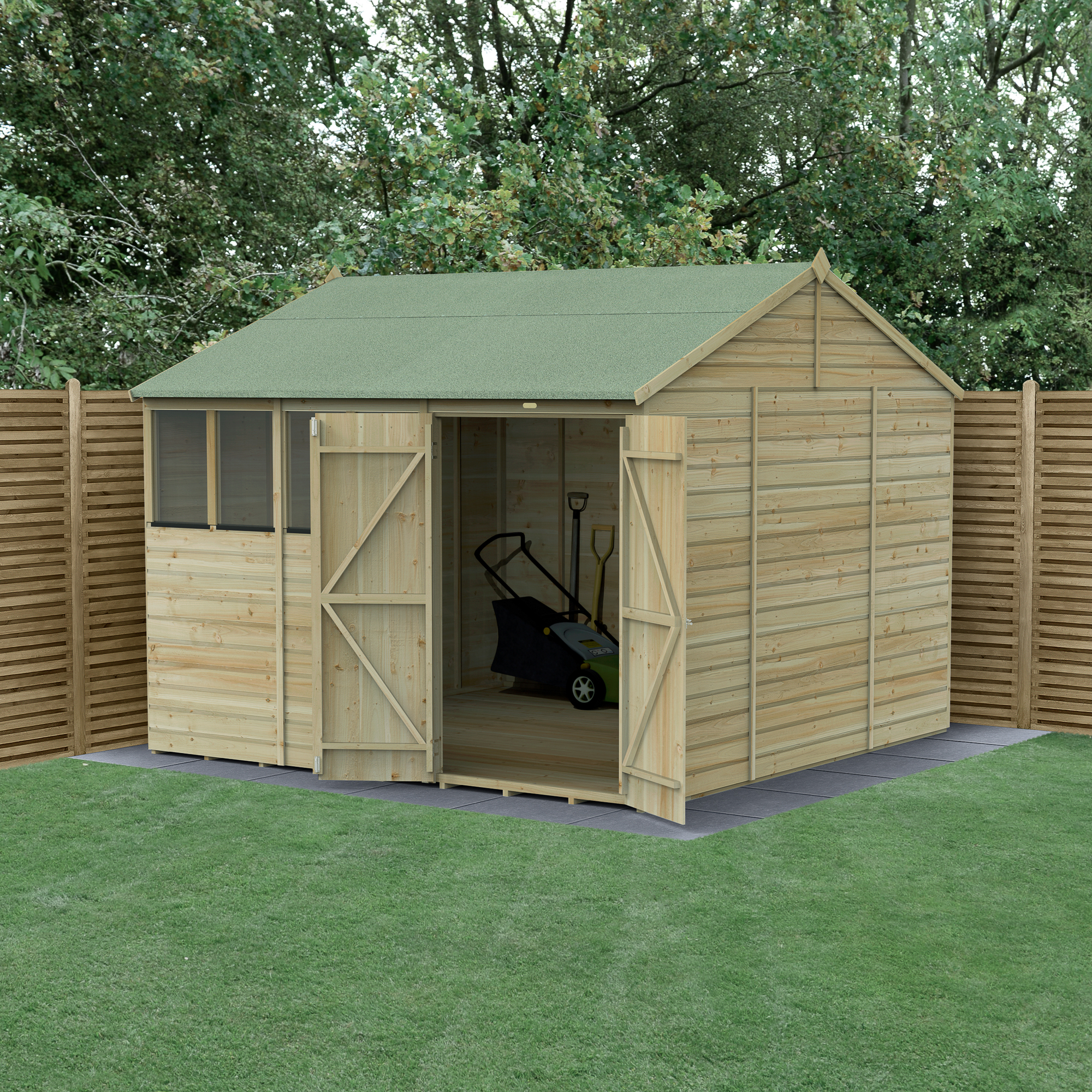 Forest Garden Beckwood 10 x 10ft Reverse Apex Shiplap Pressure Treated Double Door Shed with Base