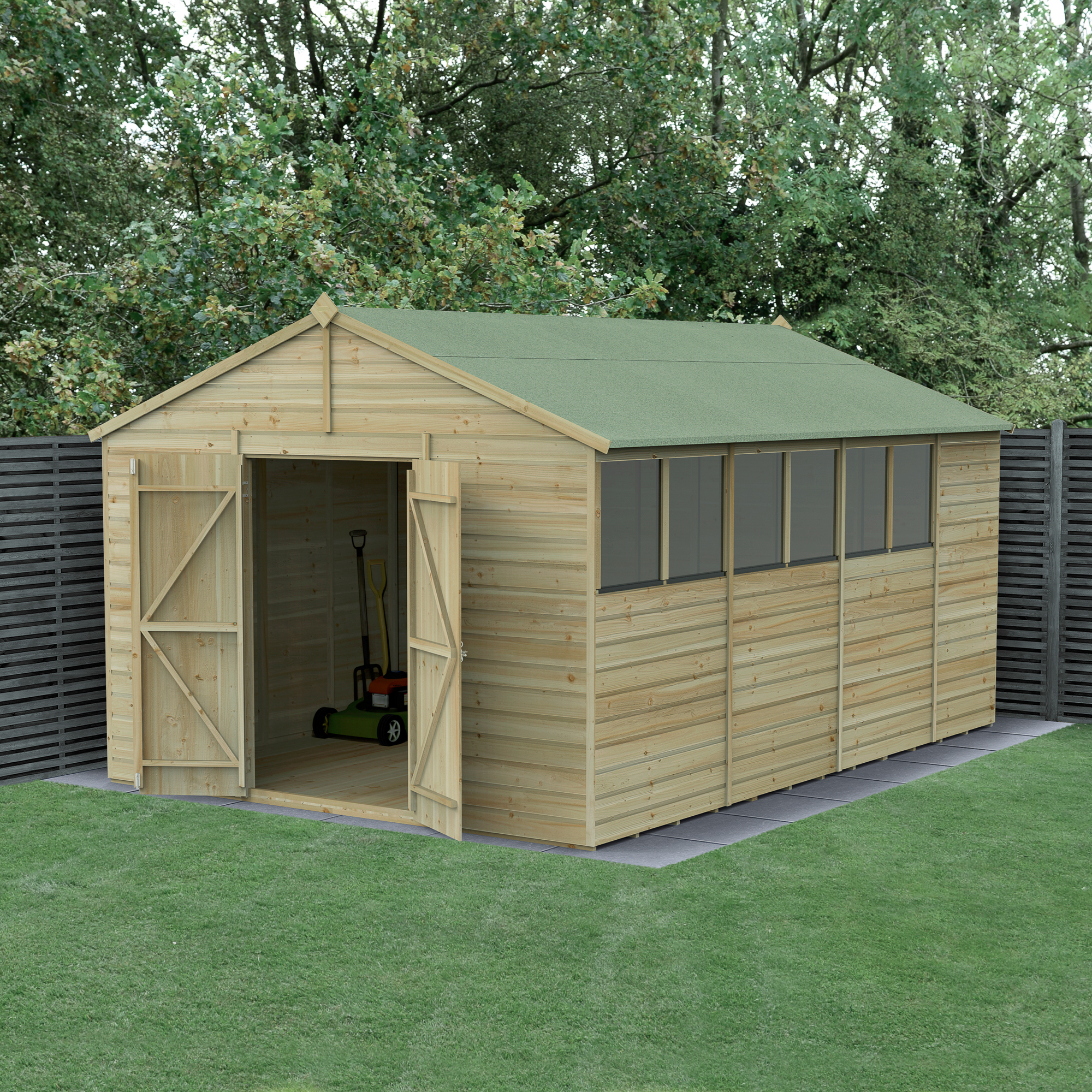 Forest Garden Beckwood 10 x 15ft Apex Shiplap Pressure Treated Double Door Shed with Base