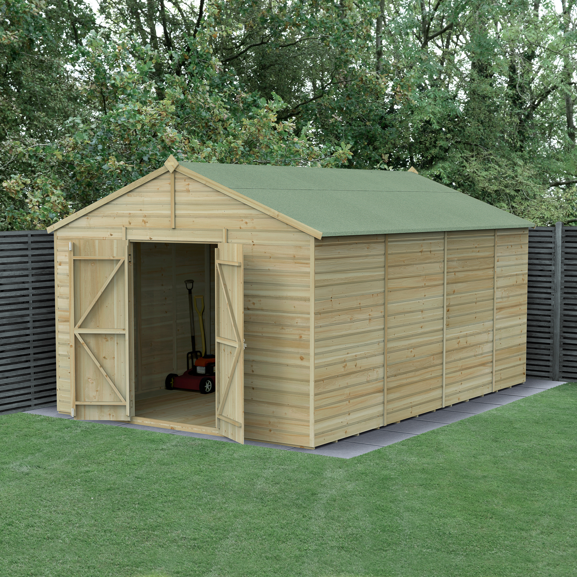 Forest Garden Beckwood 10 x 15ft Apex Shiplap Pressure Treated Double Door Windowless Shed with Base