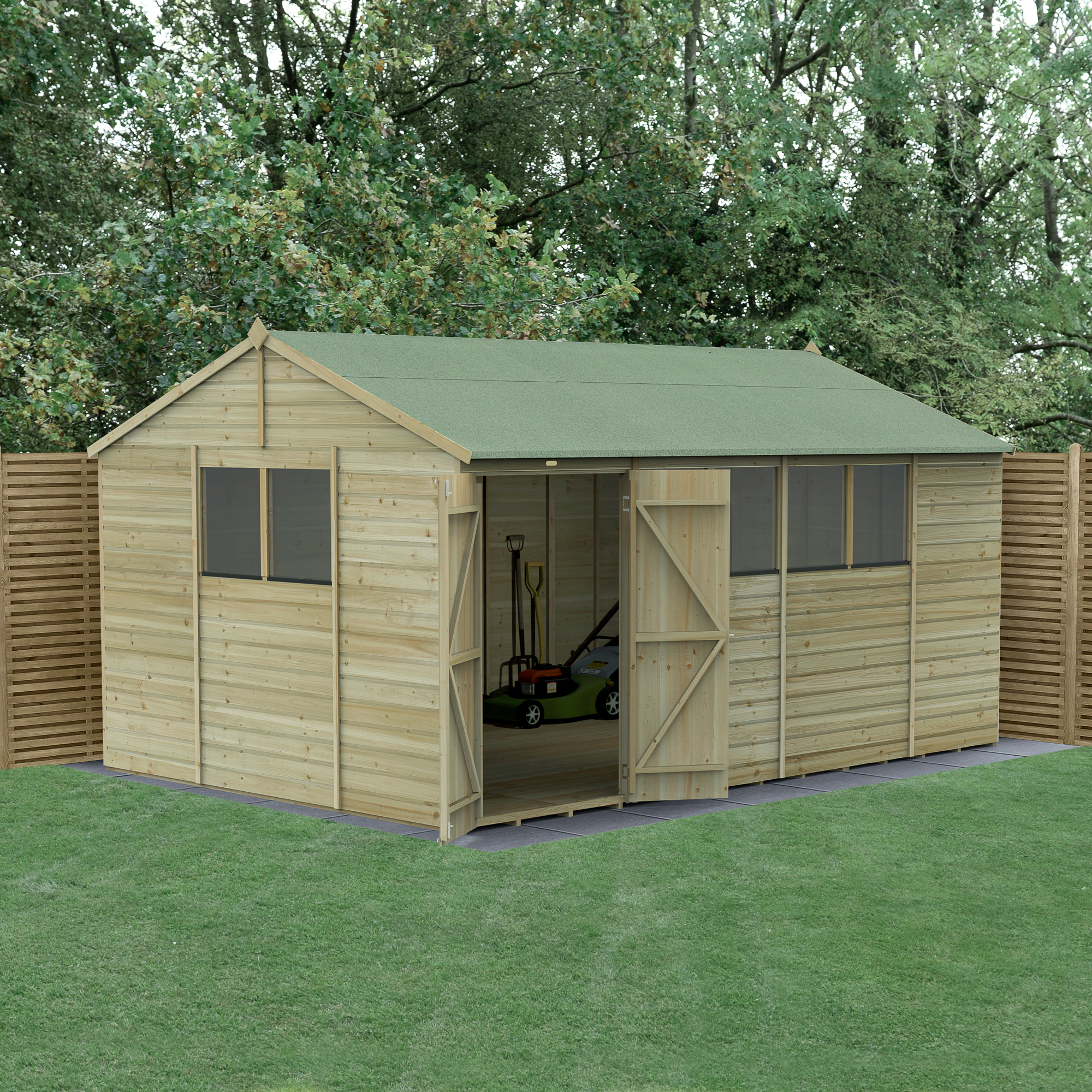 Forest Garden Beckwood 15 x 10ft Reverse Apex Shiplap Pressure Treated Double Door Shed with Base