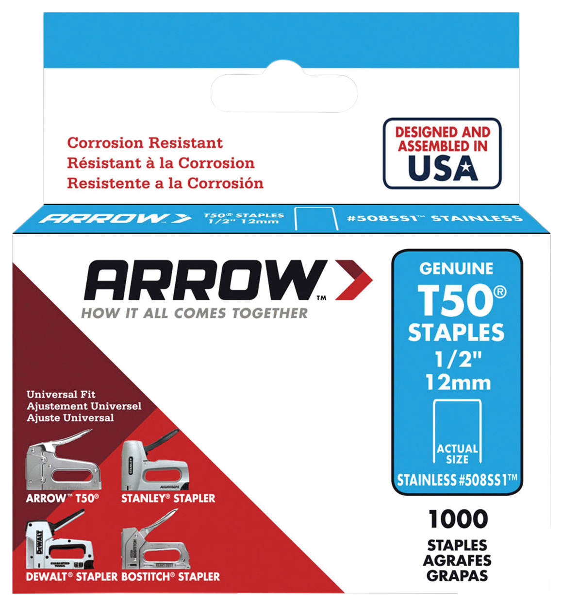 Arrow T50 Stainless Steel Monel Staples 508SS 12mm (1/2in) - Pack of 1000