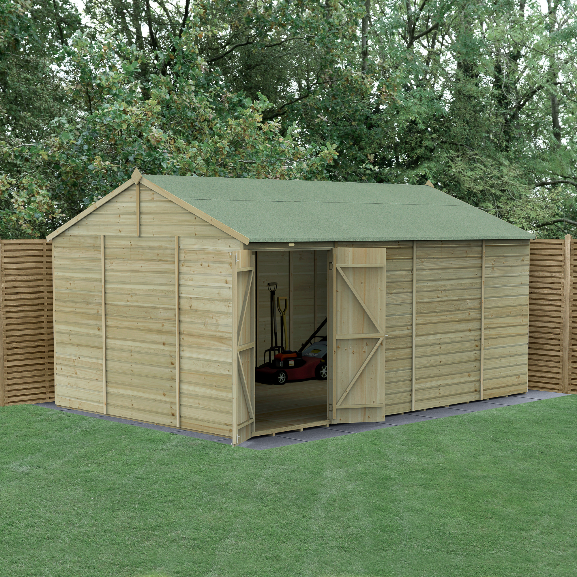 Forest Garden Beckwood 15 x 10ft Reverse Apex Shiplap Pressure Treated Double Door Windowless Shed with Base