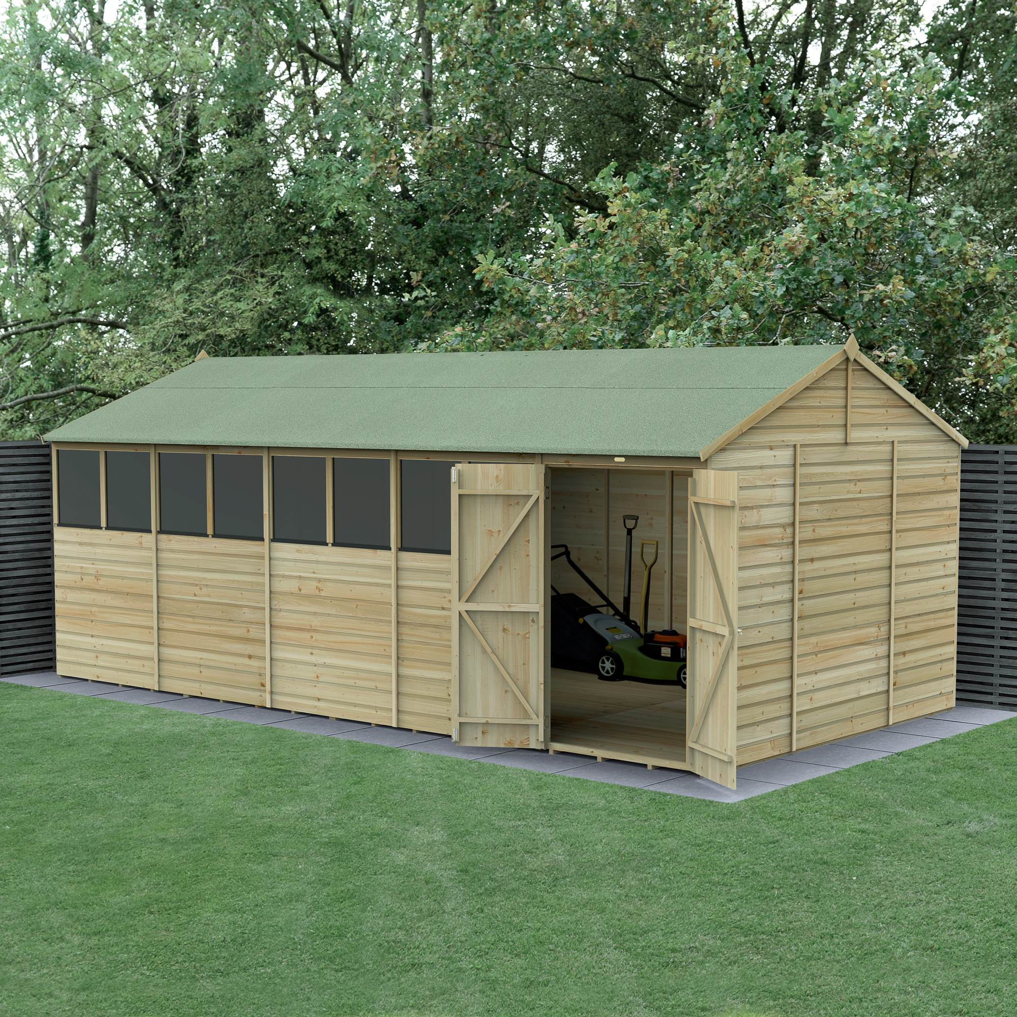 Forest Garden Beckwood 20 x 10ft Reverse Apex Shiplap Pressure Treated Double Door Shed with Base