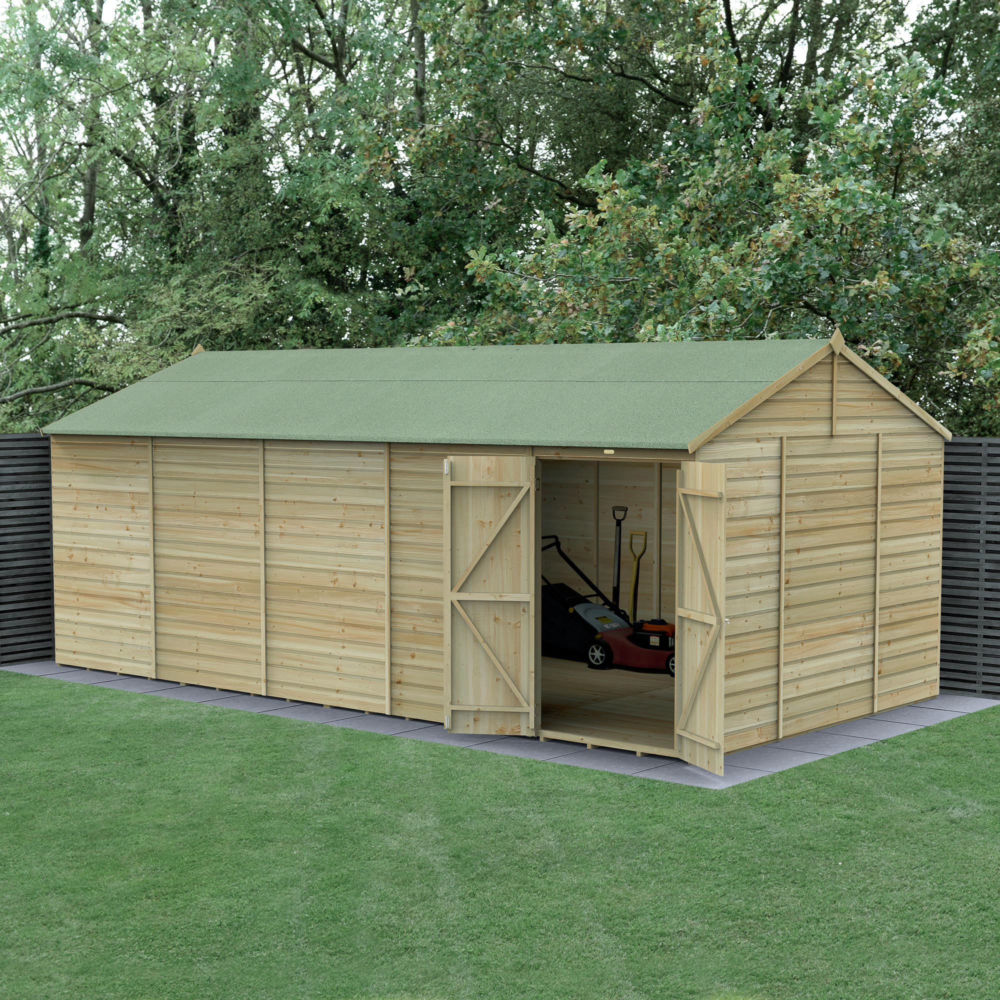 Forest Garden Beckwood 20 x 10ft Reverse Apex Shiplap Pressure Treated Double Door Windowless Shed with Base
