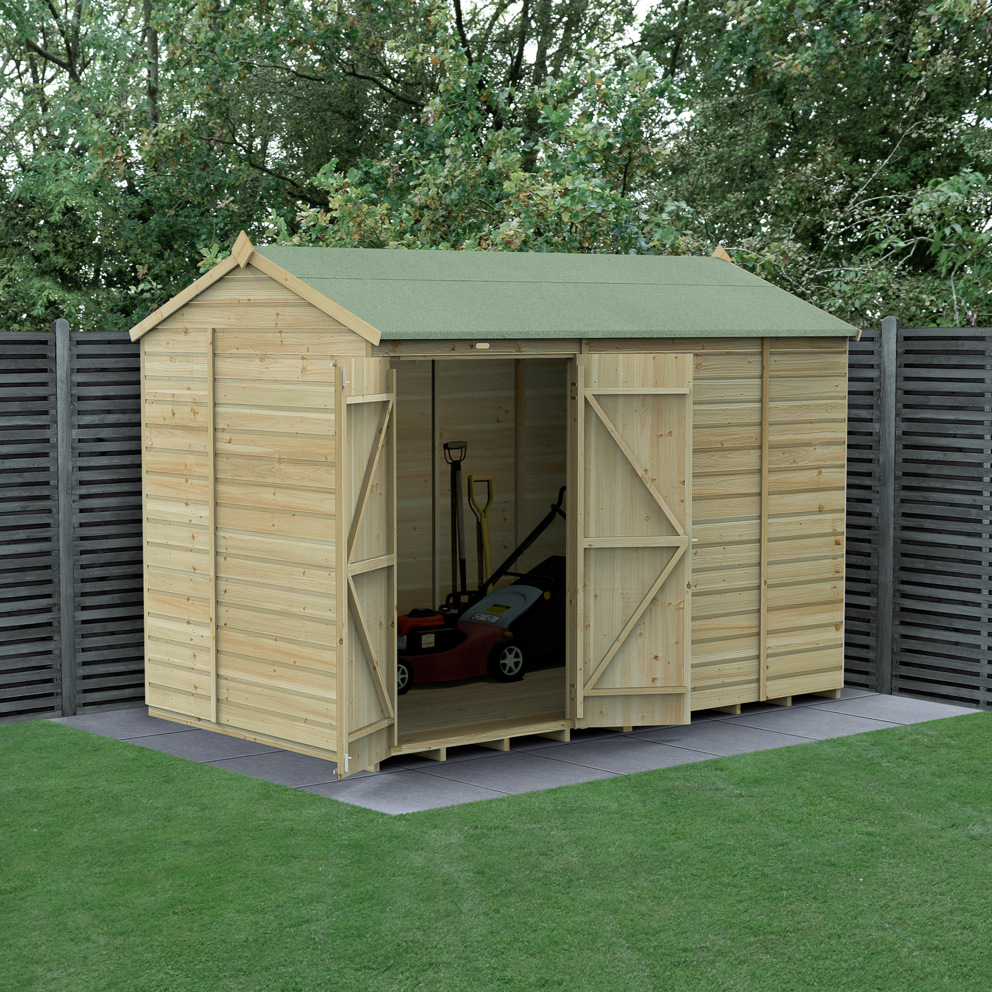 Forest Garden Beckwood 10 x 6ft Reverse Apex Shiplap Pressure Treated Double Door Windowless Shed with Base