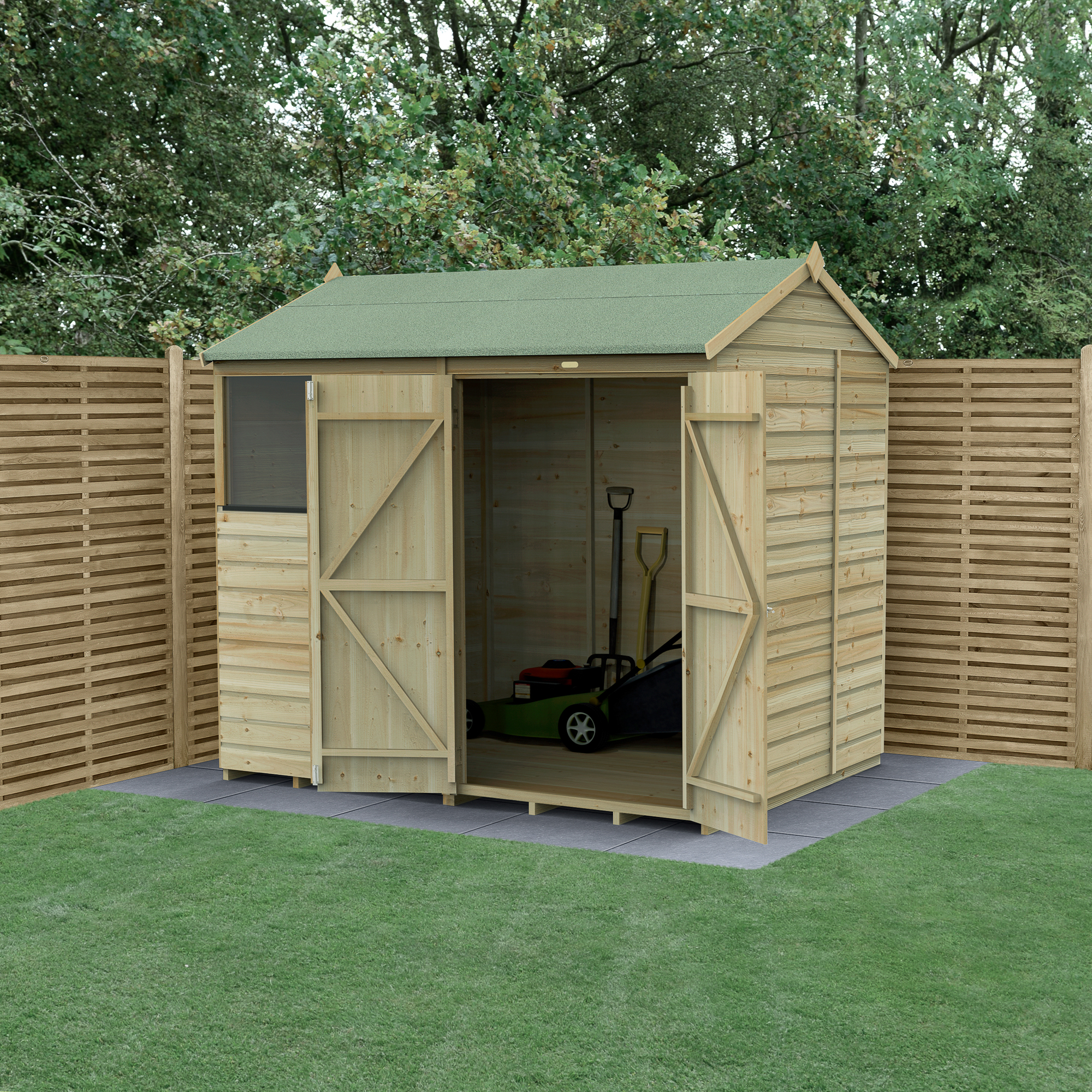 Forest Garden Beckwood 8 x 6ft Reverse Apex Shiplap Pressure Treated Double Door Shed with Base