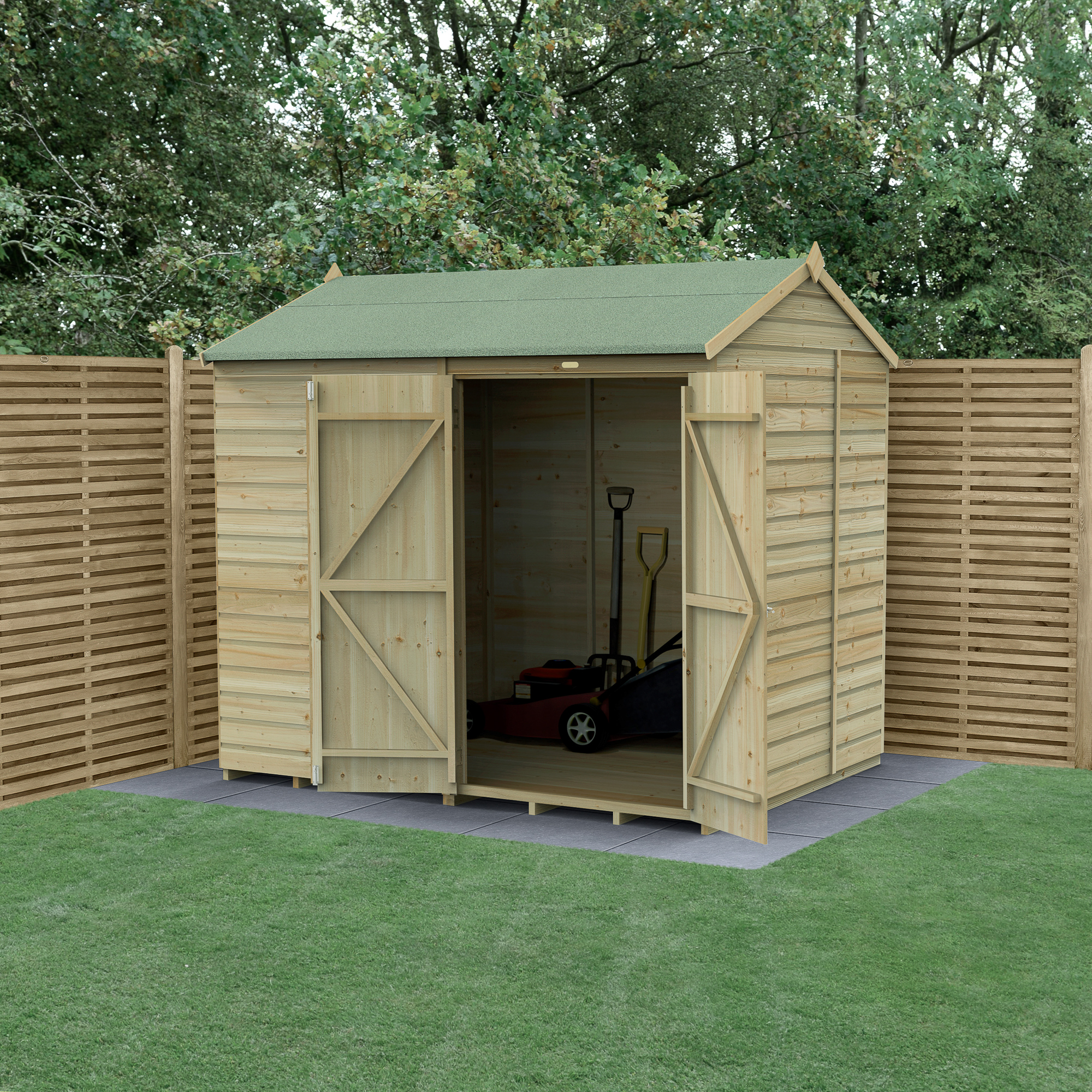 Forest Garden Beckwood 8 x 6ft Reverse Apex Shiplap Pressure Treated Double Door Windowless Shed with Base