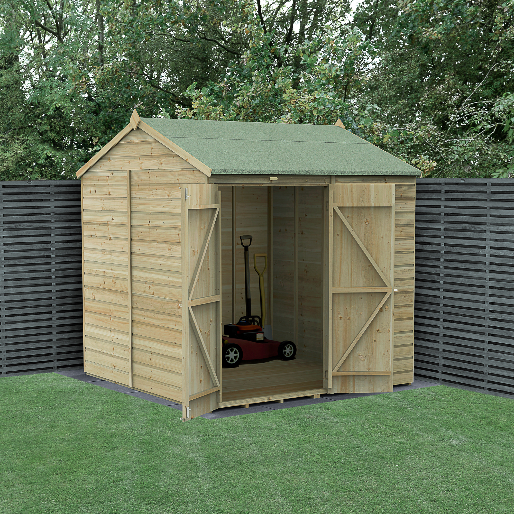 Forest Garden Beckwood 7 x 7ft Reverse Apex Shiplap Pressure Treated Double Door Windowless Shed with Base