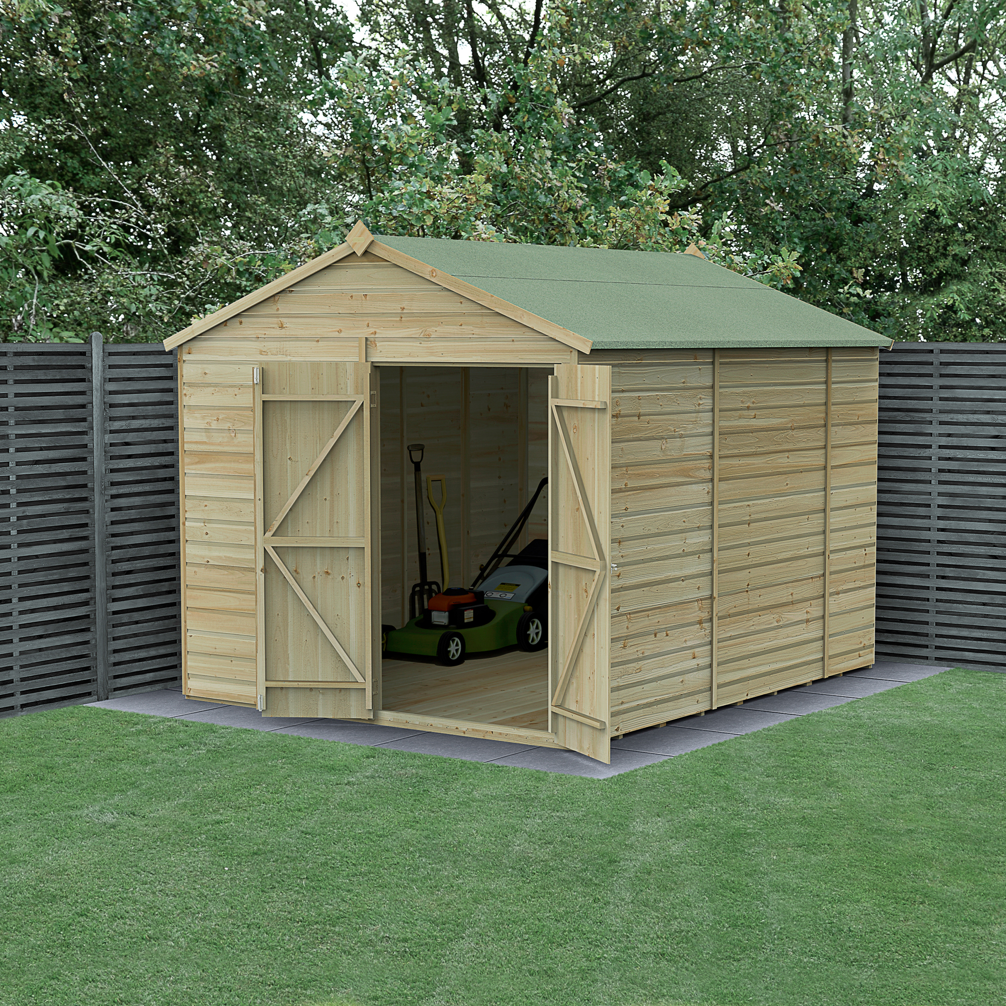 Forest Garden Beckwood 8 x 10ft Apex Shiplap Pressure Treated Double Door Windowless Shed with Base