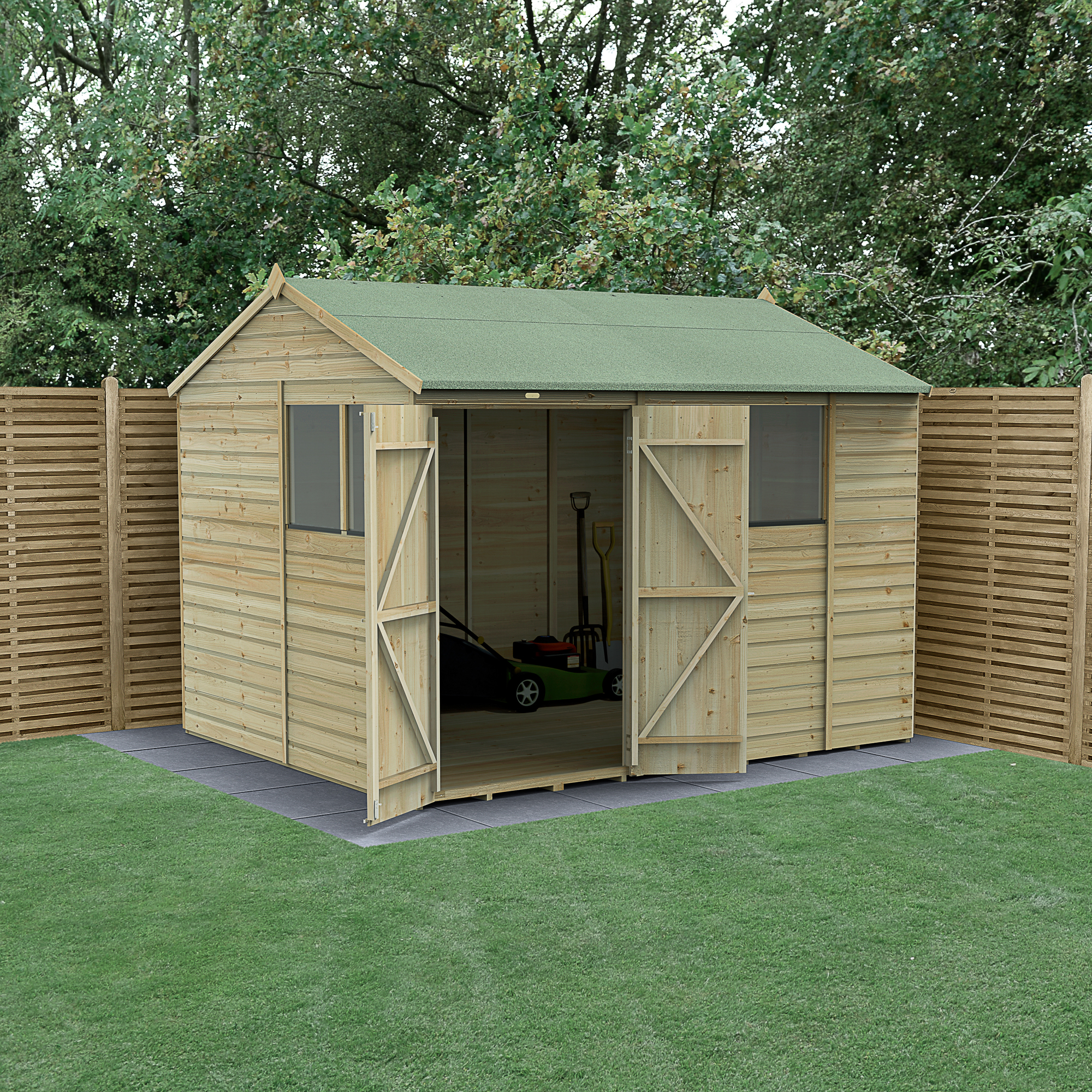 Forest Garden Beckwood 10 x 8ft Reverse Apex Shiplap Pressure Treated Double Door Shed with Base