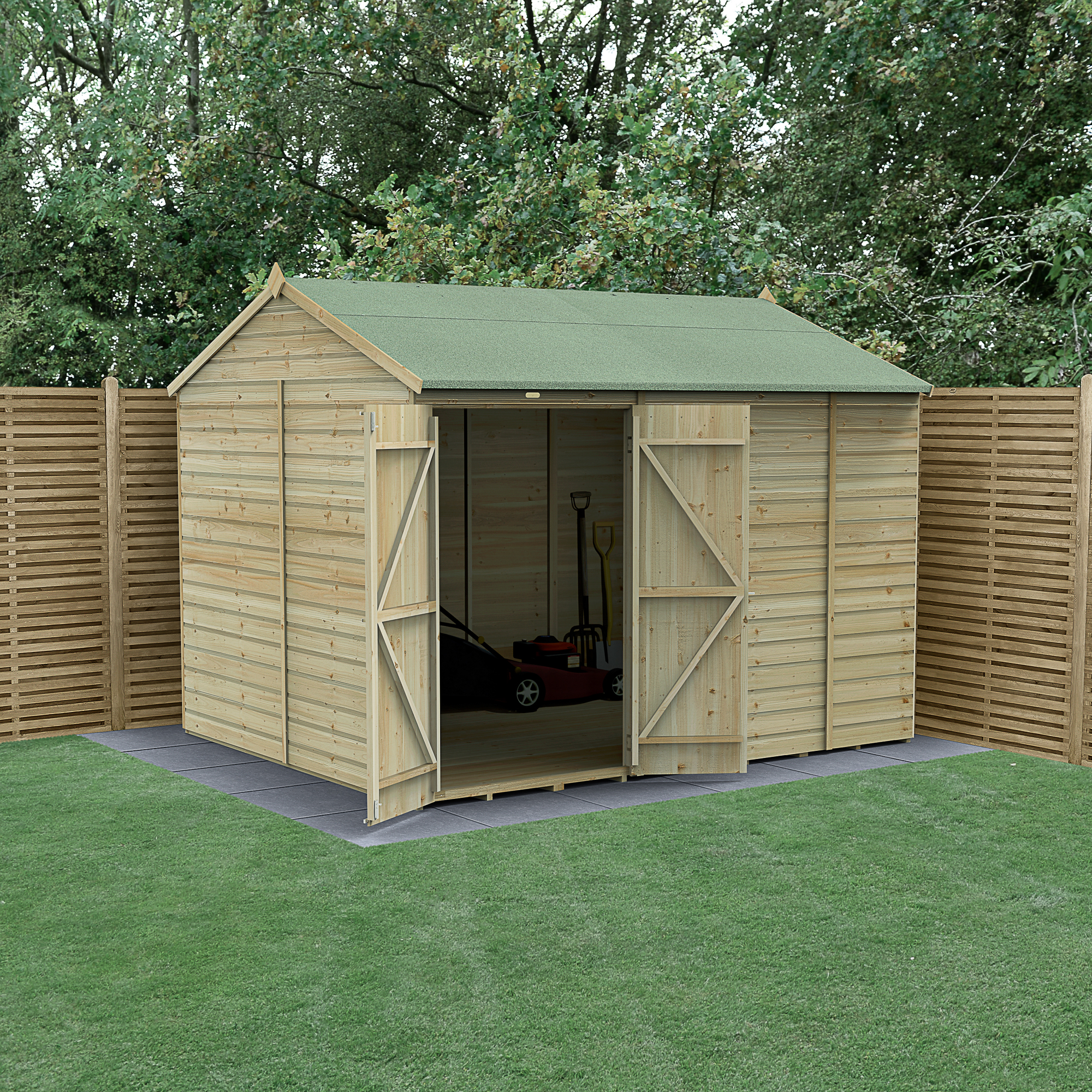 Forest Garden Beckwood 10 x 8ft Reverse Apex Shiplap Pressure Treated Double Door Windowless Shed with Base