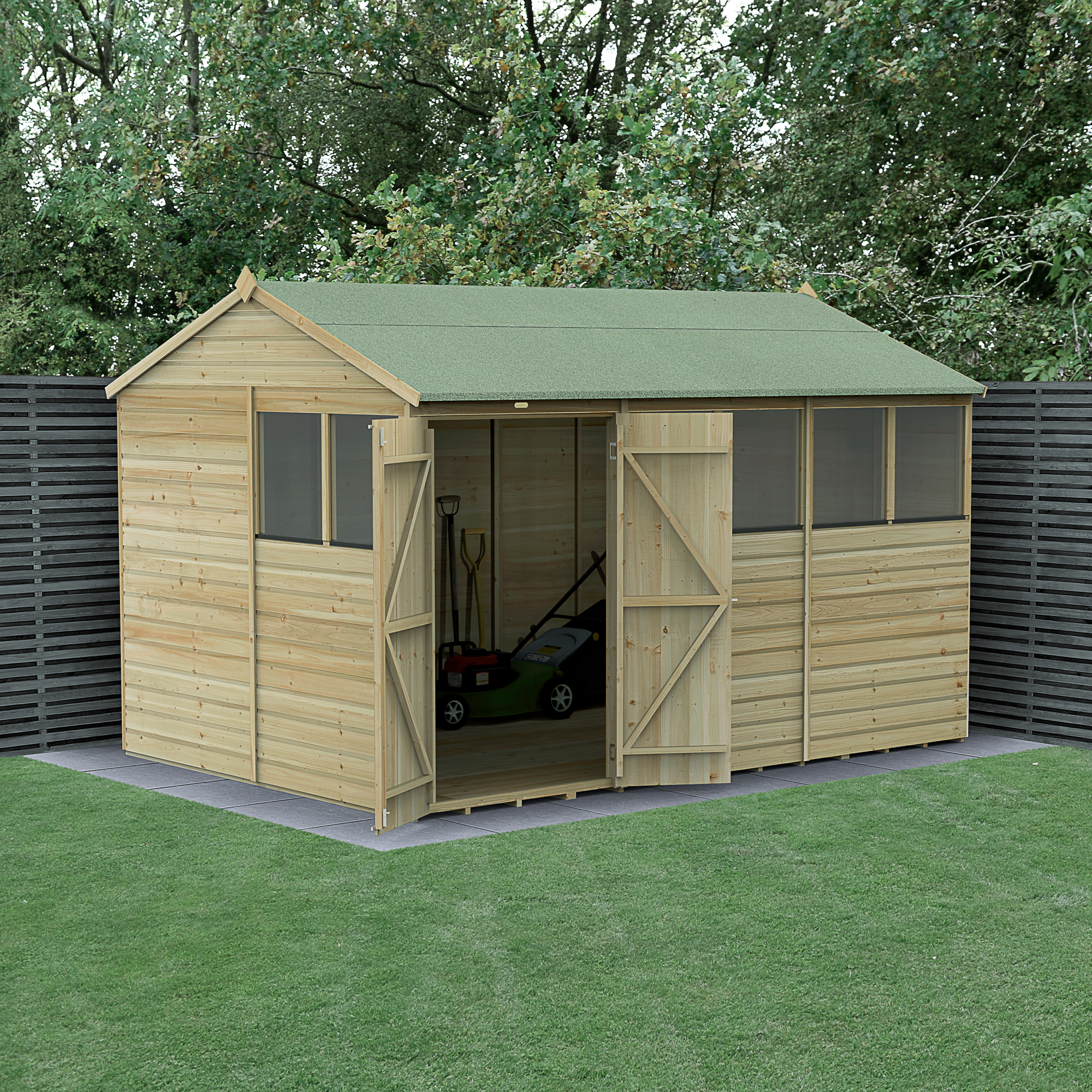 Forest Garden Beckwood 12 x 8ft Reverse Apex Shiplap Pressure Treated Double Door Shed with Base