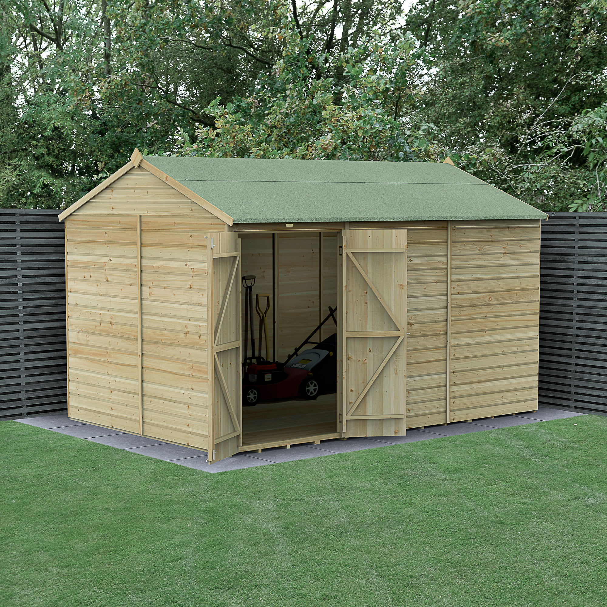 Forest Garden Beckwood 12 x 8ft Reverse Apex Shiplap Pressure Treated Double Door Windowless Shed with Base