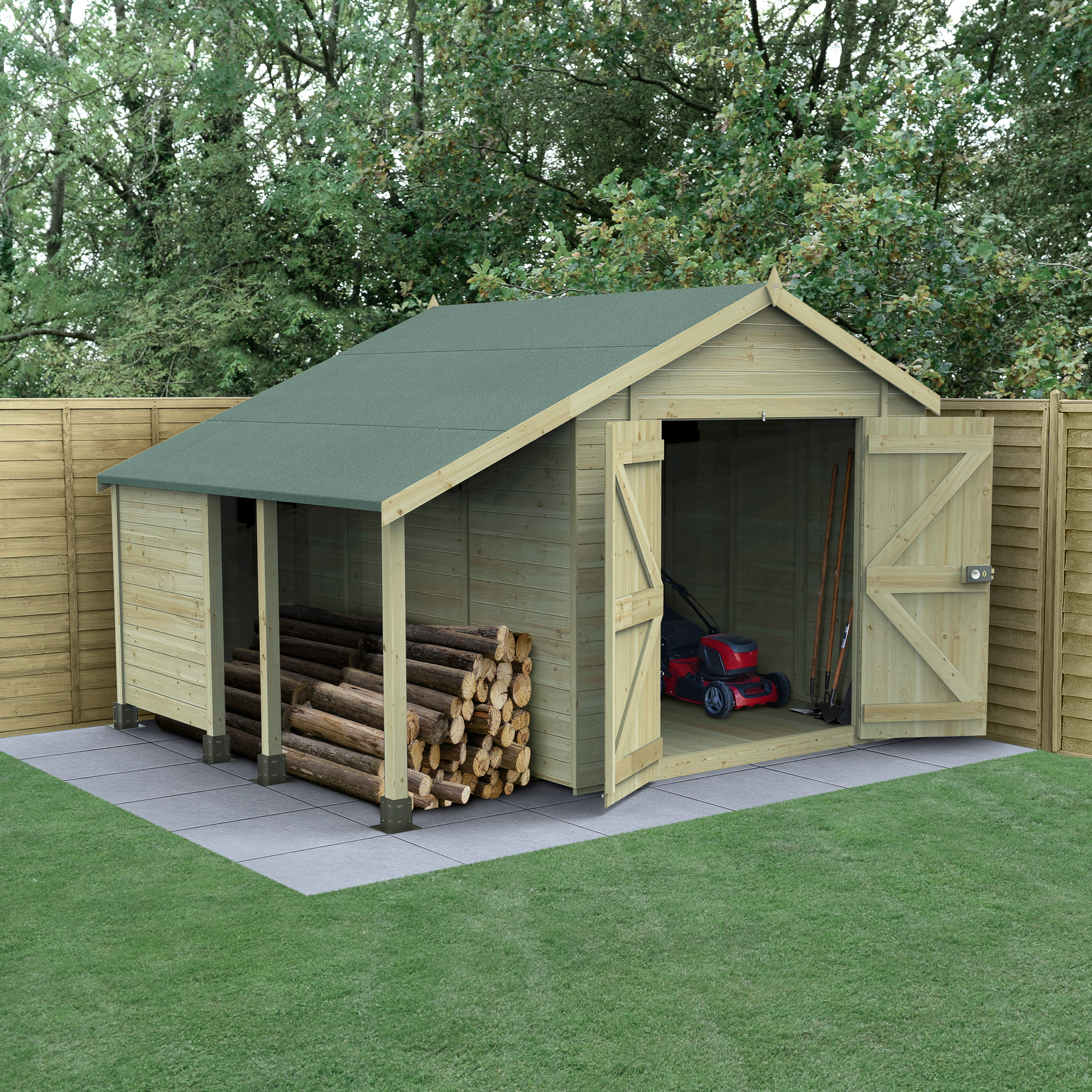 Forest Garden Timberdale 8 x 10ft Apex Tongue & Groove Pressure Treated Double Door Windowless Shed and Log Store