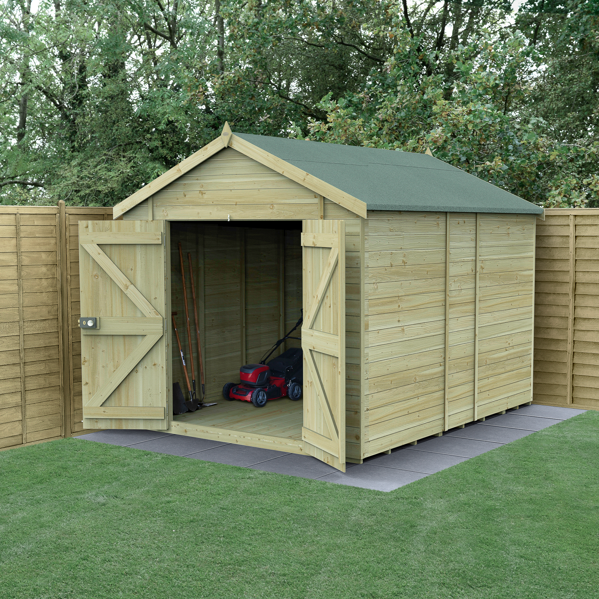 Forest Garden Timberdale 8 x 10ft Apex Tongue & Groove Pressure Treated Double Door Windowless Shed with Base