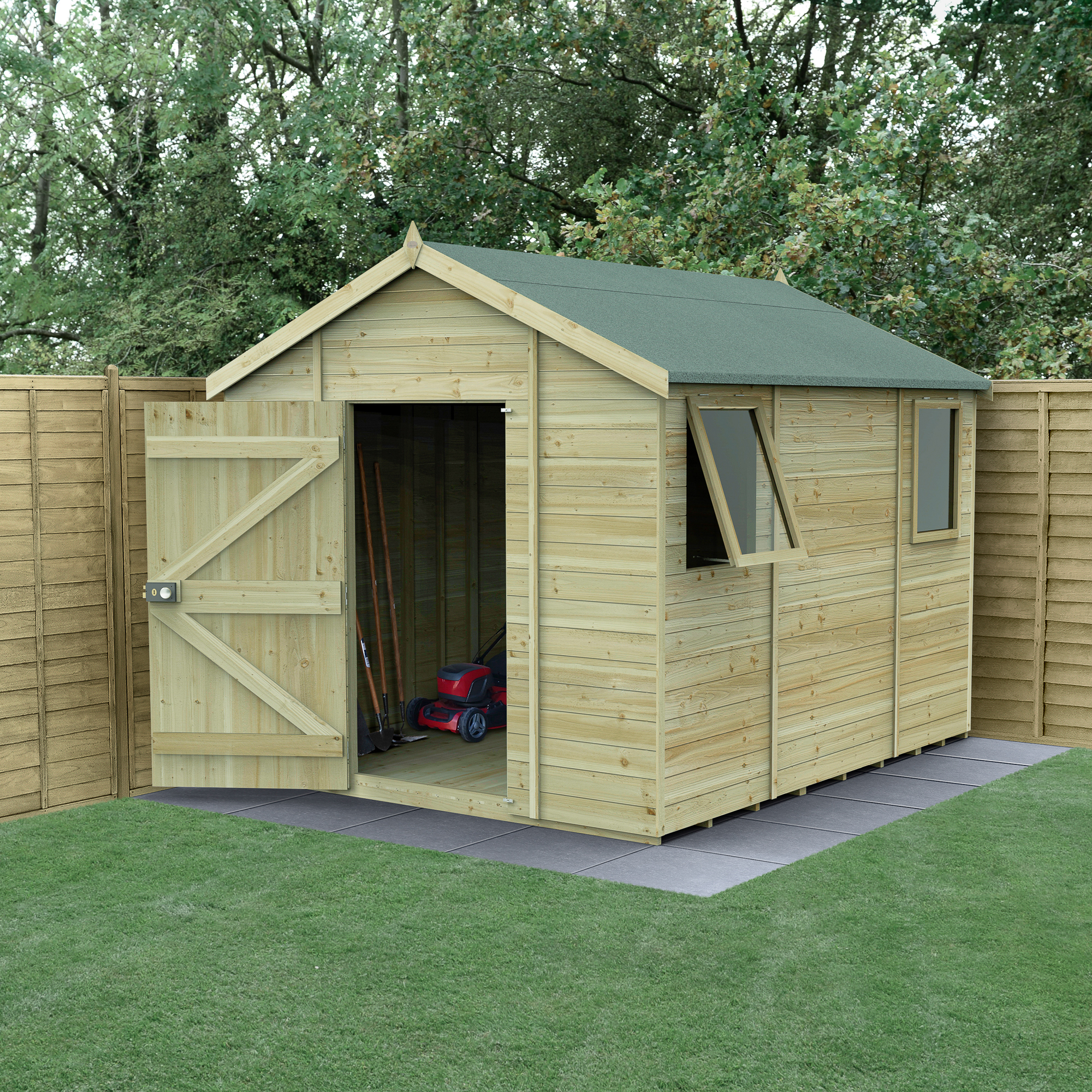 Forest Garden Timberdale 8 x 10ft Apex Tongue & Groove Pressure Treated Shed with Base (2 Opening Windows)