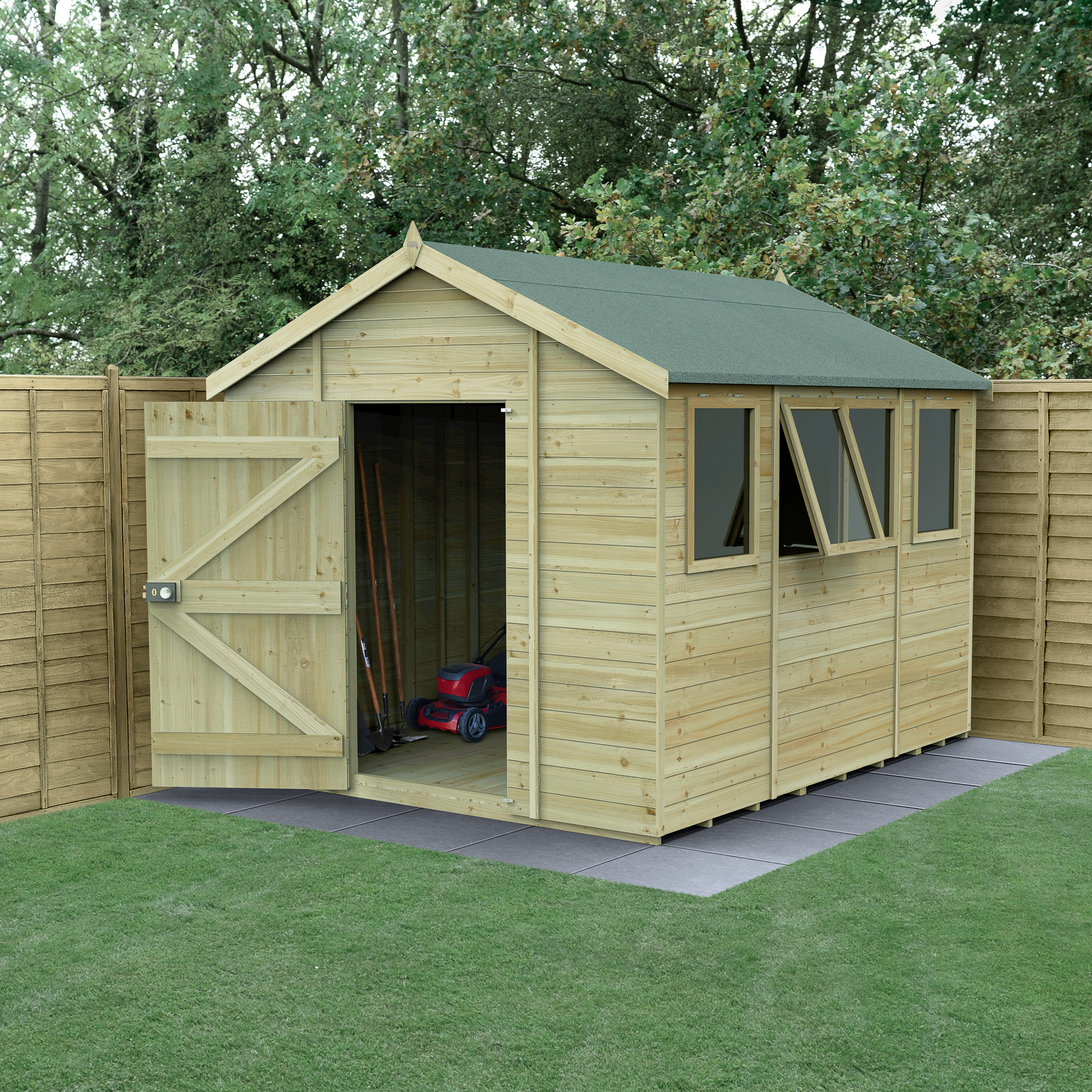 Forest Garden Timberdale Apex Tongue & Groove Pressure Treated Shed with Base & 4 Opening Windows - 8 x 10ft