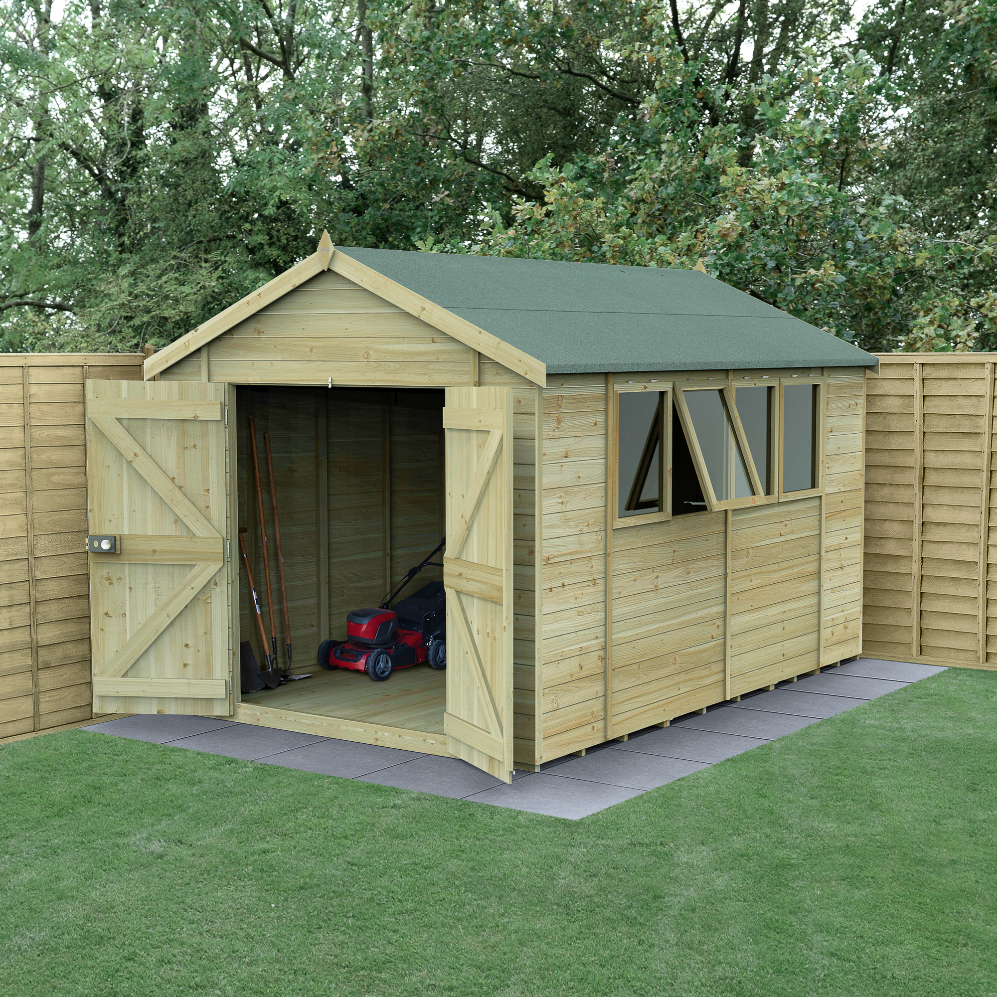 Forest Garden Timberdale 8 x 12ft Apex Tongue & Groove Pressure Treated Double Door Shed with Base