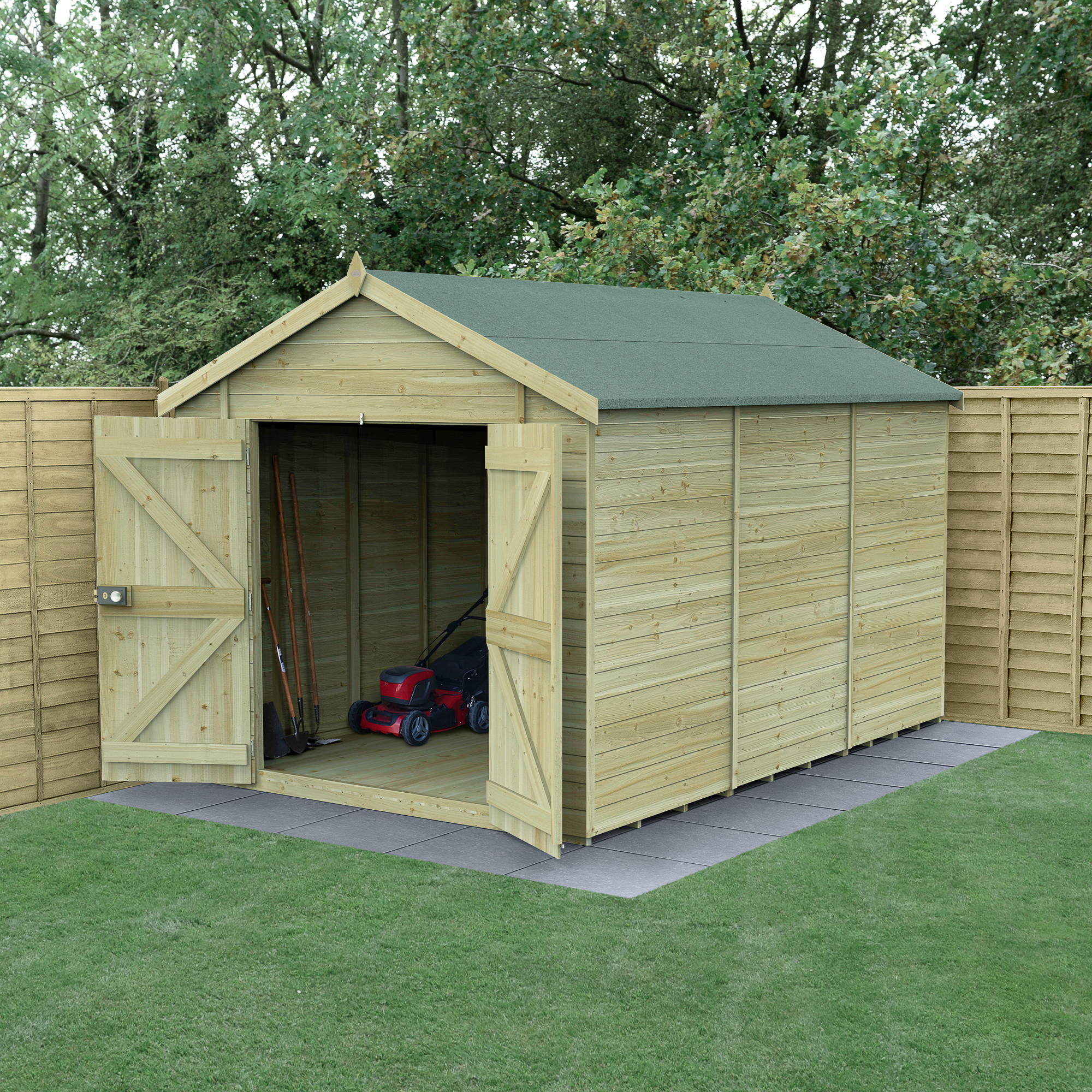 Forest Garden Timberdale 8 x 12ft Apex Tongue & Groove Pressure Treated Double Door Windowless Shed with Base