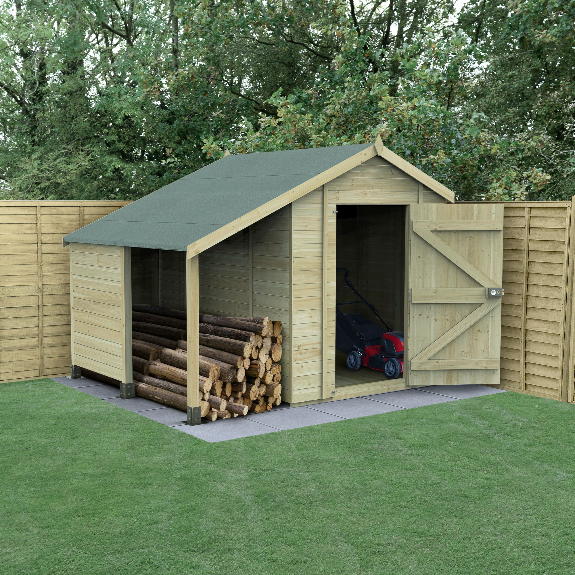 Forest Garden Timberdale 8 x 6ft Apex Tongue & Groove Pressure Treated Windowless Shed and Log Store