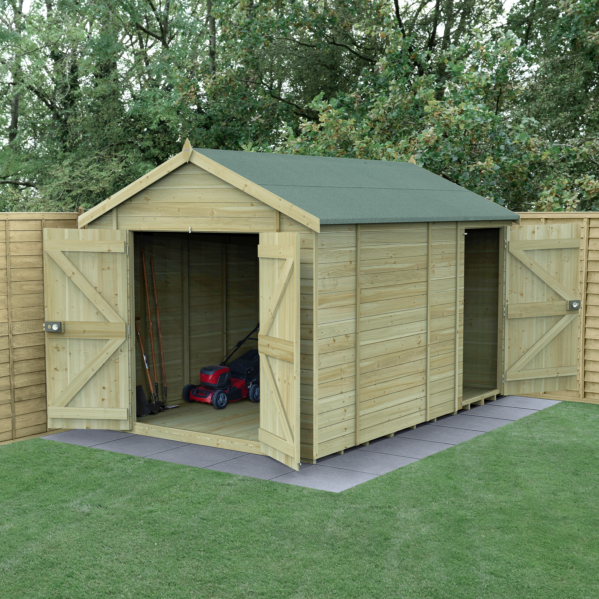 Forest Garden Timberdale 8 x 12ft Apex Tongue & Groove Pressure Treated Double Door Windowless Shed Combo with Base